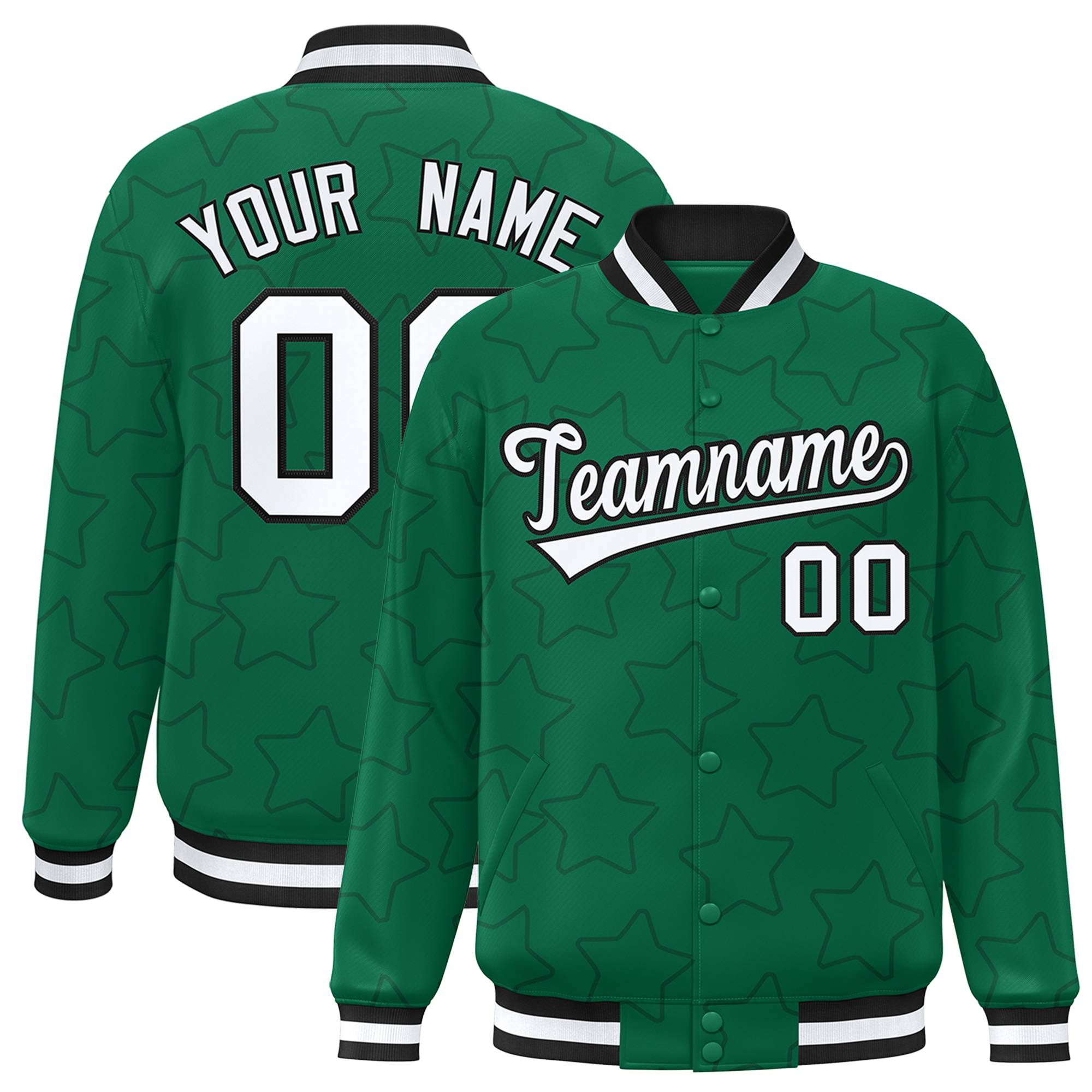 Custom Kelly Green White-Black Varsity Full-Snap Star Pattern Letterman Baseball Jacket