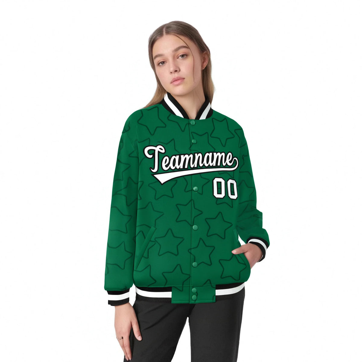 Custom Kelly Green White-Black Varsity Full-Snap Star Pattern Letterman Baseball Jacket