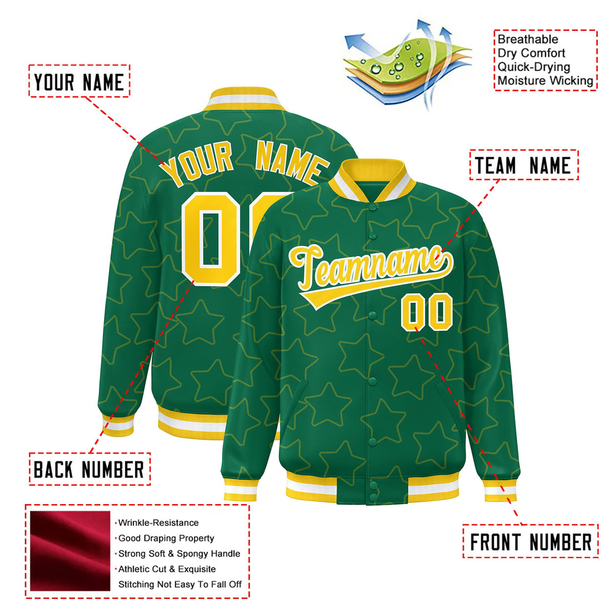 Custom Kelly Green Gold-White Varsity Full-Snap Star Pattern Letterman Baseball Jacket