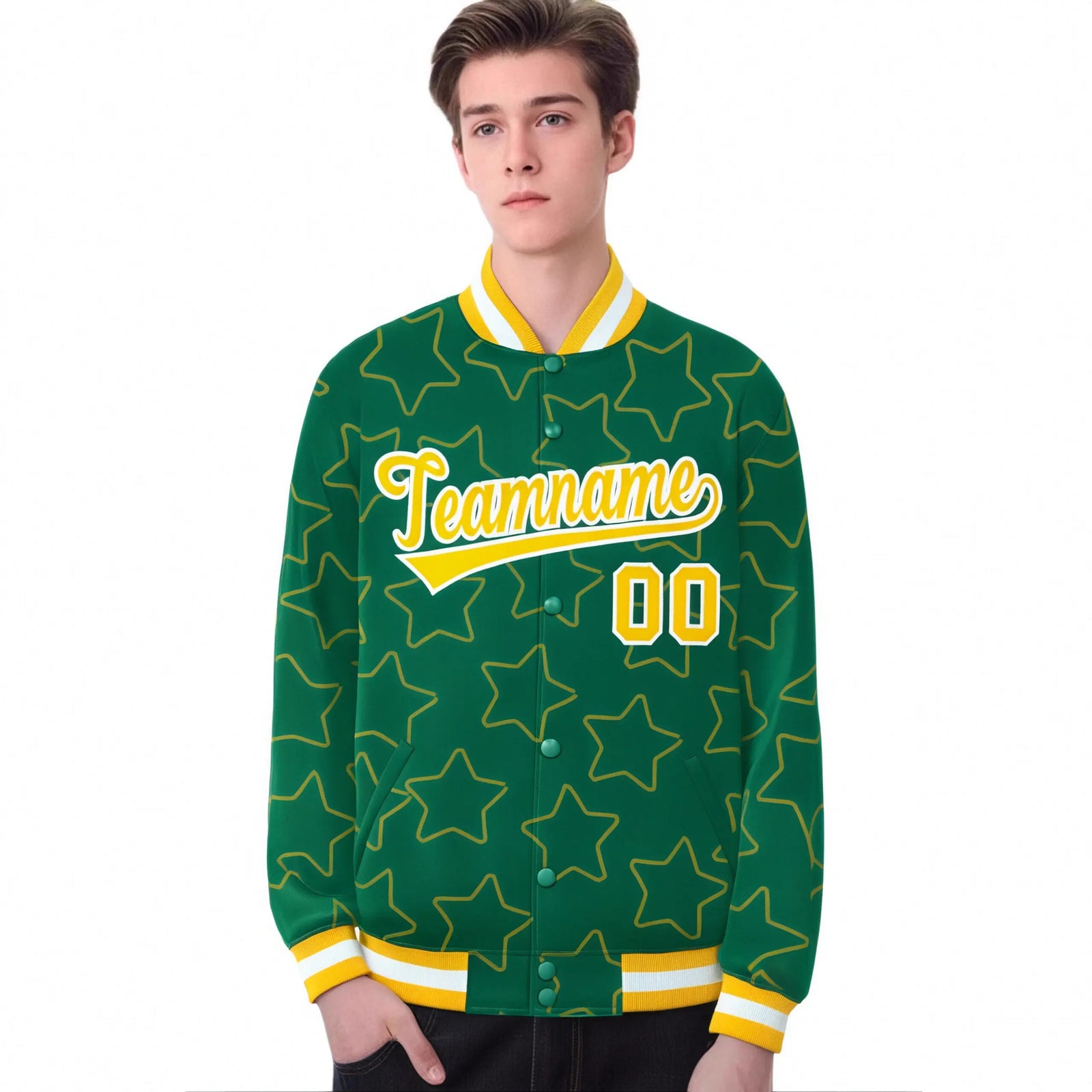 Custom Kelly Green Gold-White Varsity Full-Snap Star Pattern Letterman Baseball Jacket
