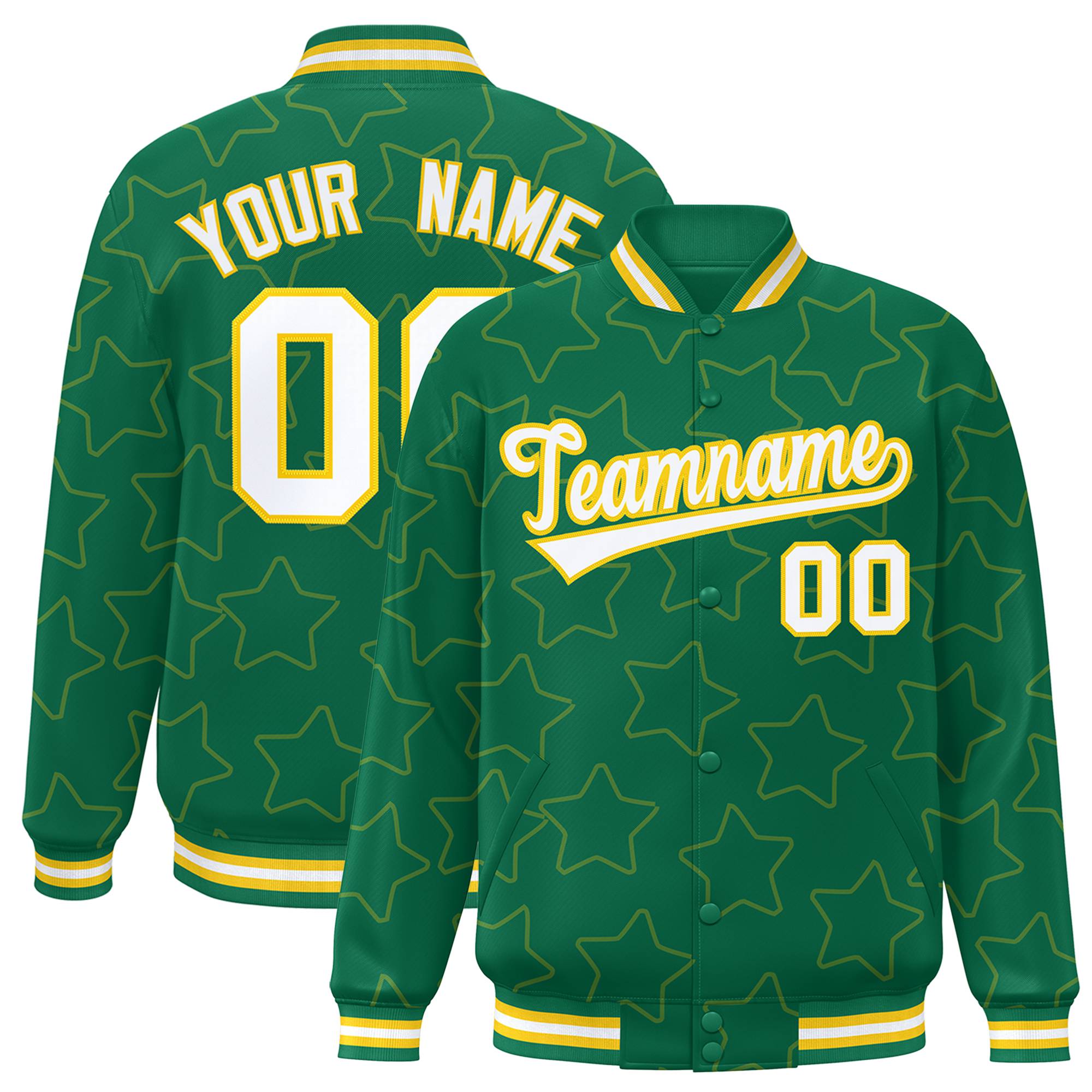 Custom Kelly Green White-Gold Varsity Full-Snap Star Pattern Letterman Baseball Jacket