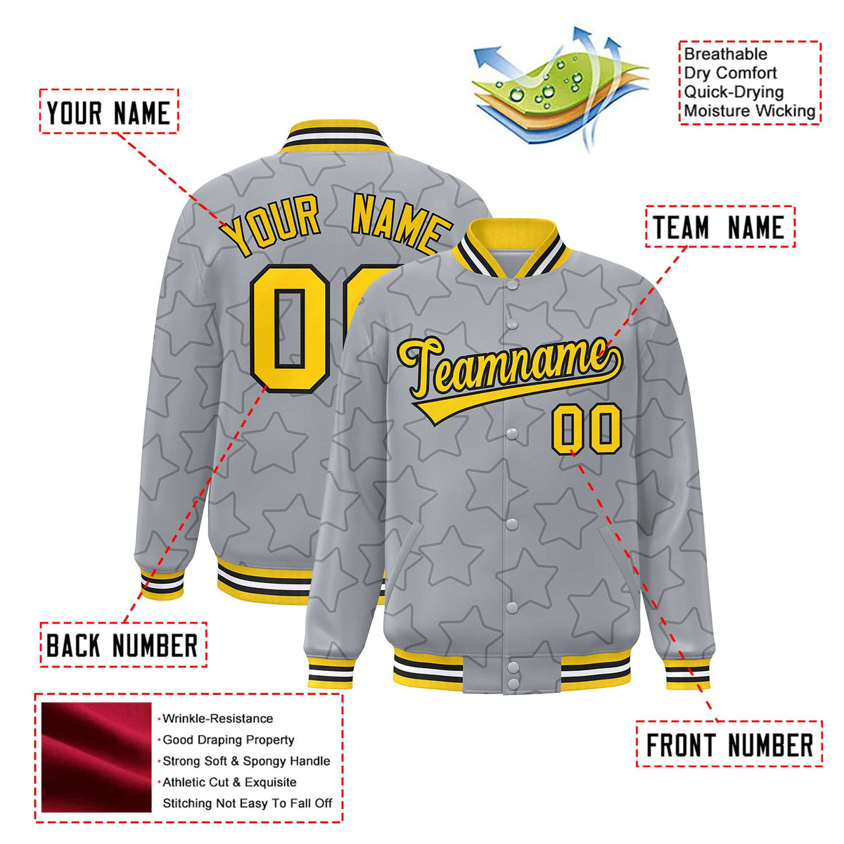 Custom Gray Old-Black Varsity Full-Snap Star Pattern Letterman Baseball Jacket