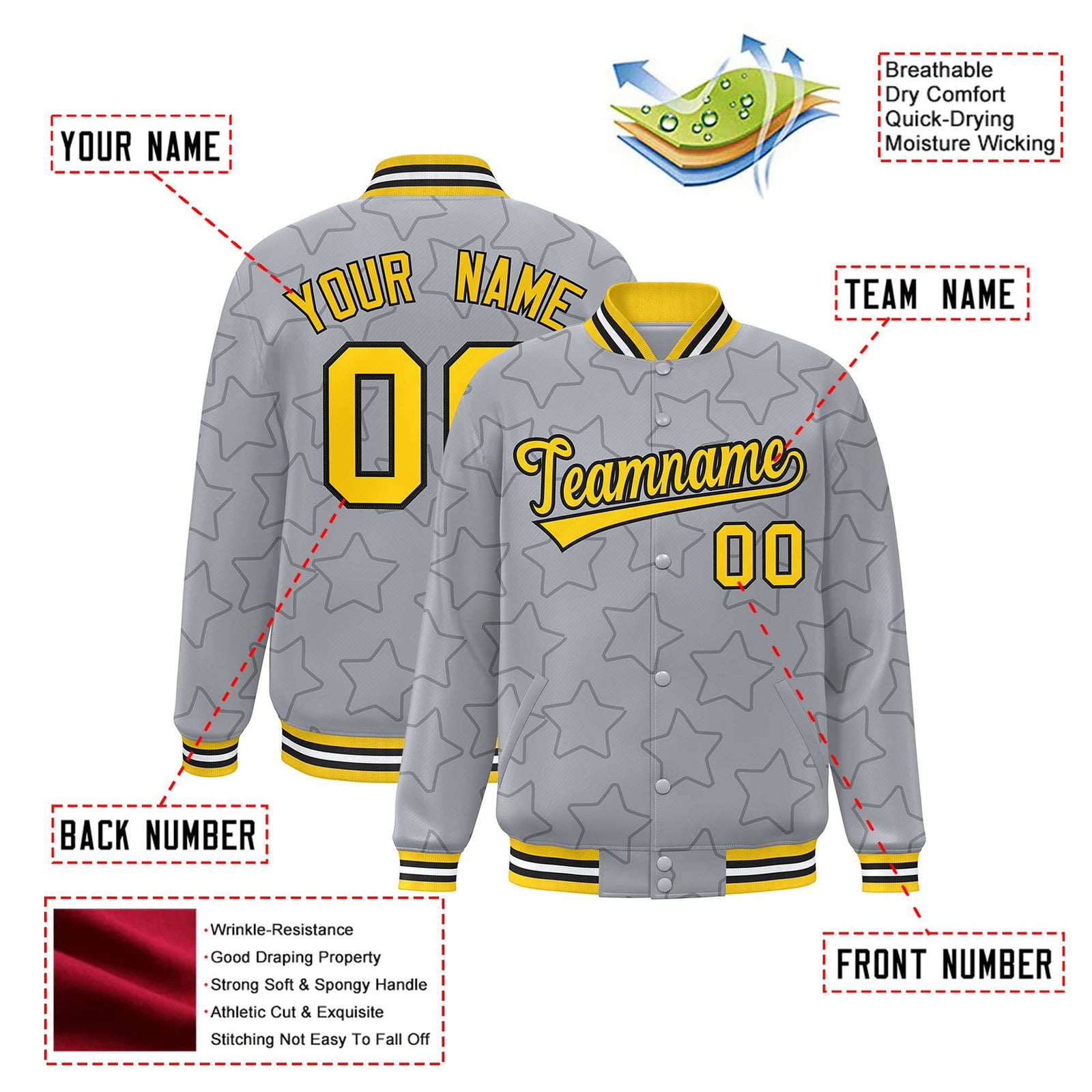 Custom Gray Old-Black Varsity Full-Snap Star Pattern Letterman Baseball Jacket