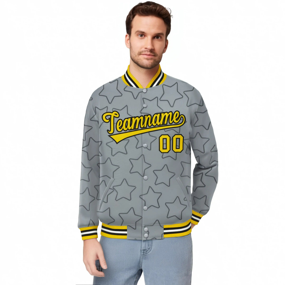 Custom Gray Old-Black Varsity Full-Snap Star Pattern Letterman Baseball Jacket