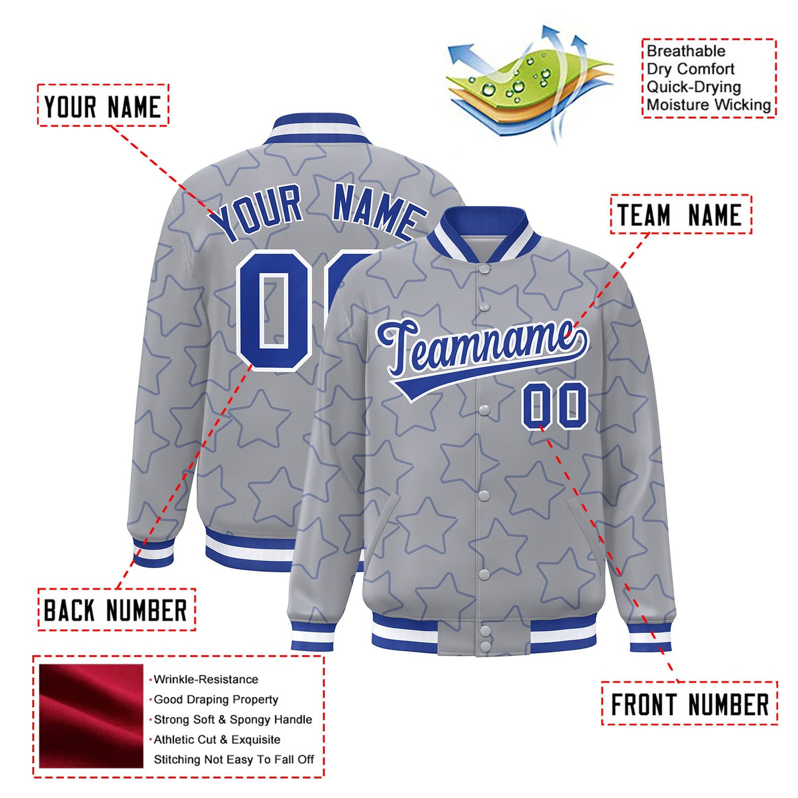 Custom Gray Royal Blue-White Varsity Full-Snap Star Pattern Letterman Baseball Jacket