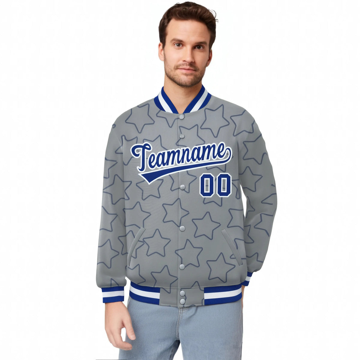 Custom Gray Royal Blue-White Varsity Full-Snap Star Pattern Letterman Baseball Jacket