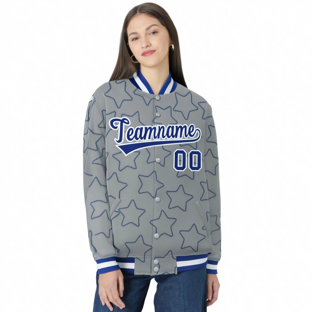 Custom Gray Royal Blue-White Varsity Full-Snap Star Pattern Letterman Baseball Jacket