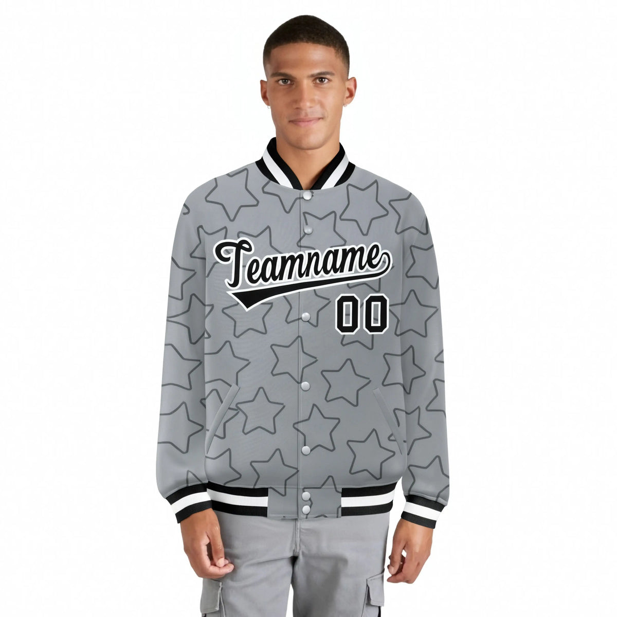 Custom Gray Black-White Varsity Full-Snap Star Pattern Letterman Baseball Jacket