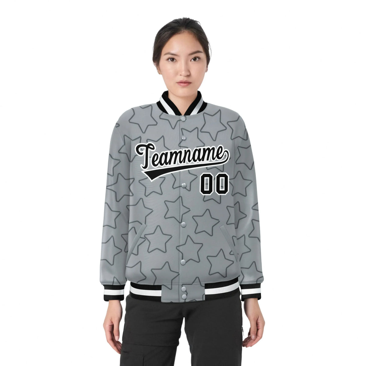 Custom Gray Black-White Varsity Full-Snap Star Pattern Letterman Baseball Jacket