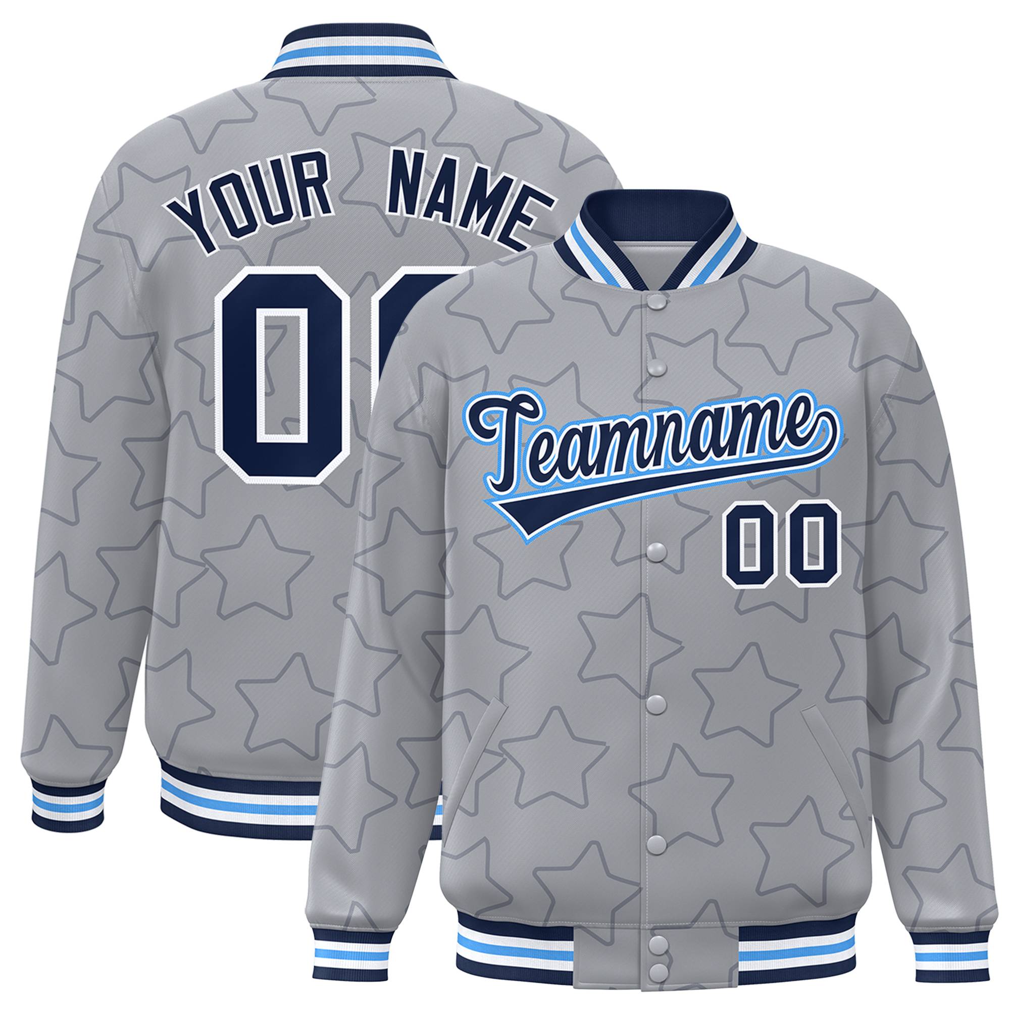 Custom Gray Navy-White Varsity Full-Snap Star Pattern Letterman Baseball Jacket