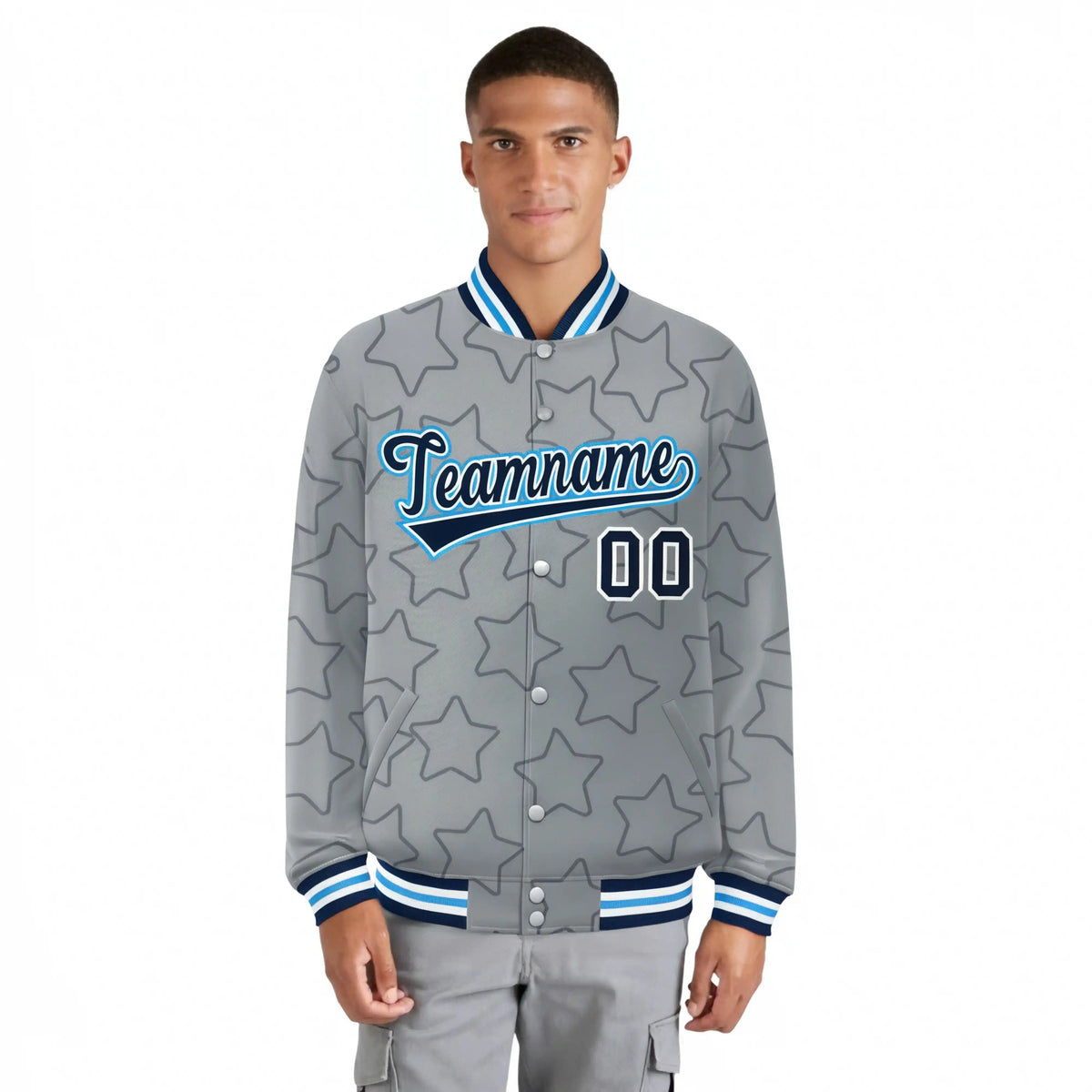 Custom Gray Navy-White Varsity Full-Snap Star Pattern Letterman Baseball Jacket