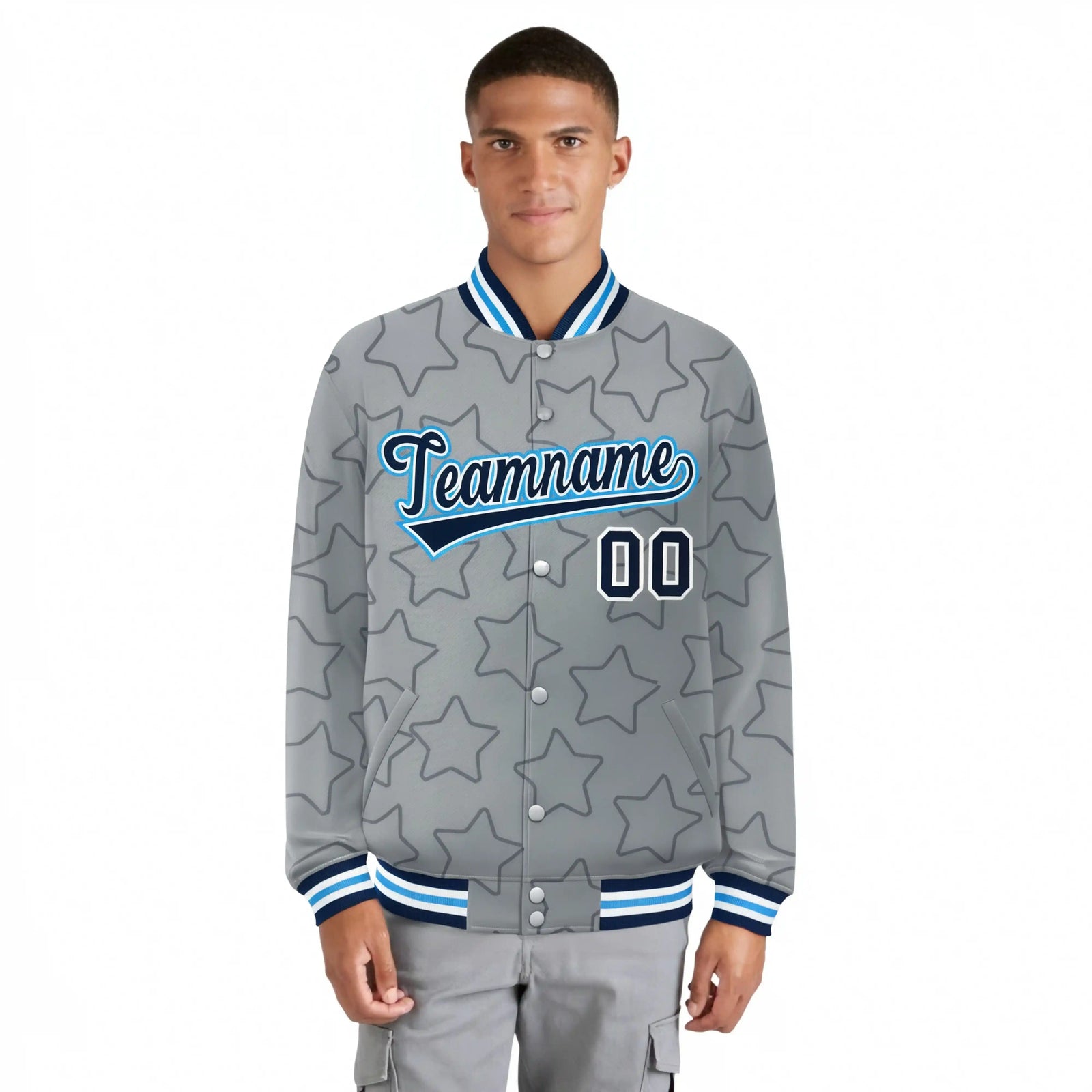 Custom Gray Navy-White Varsity Full-Snap Star Pattern Letterman Baseball Jacket