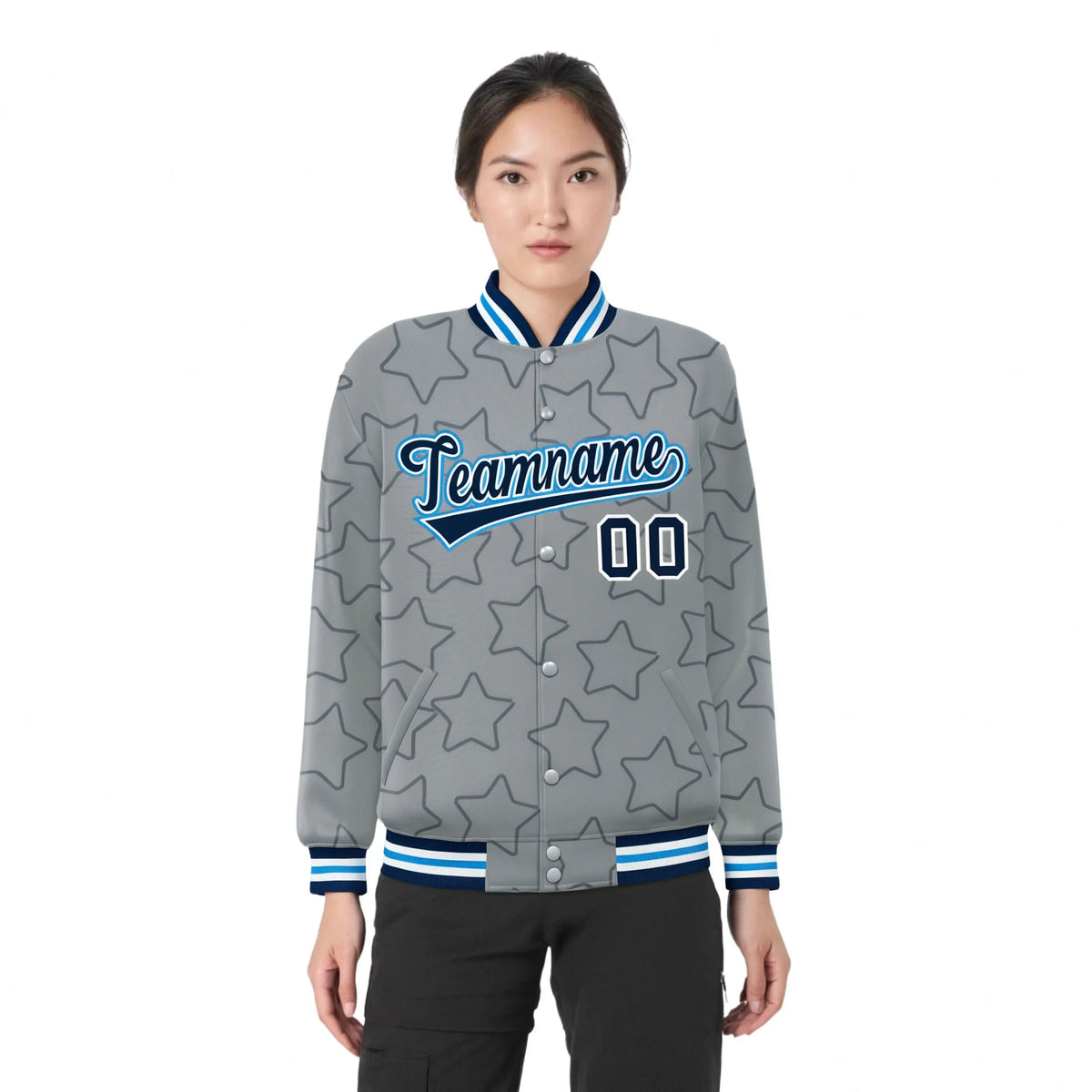 Custom Gray Navy-White Varsity Full-Snap Star Pattern Letterman Baseball Jacket