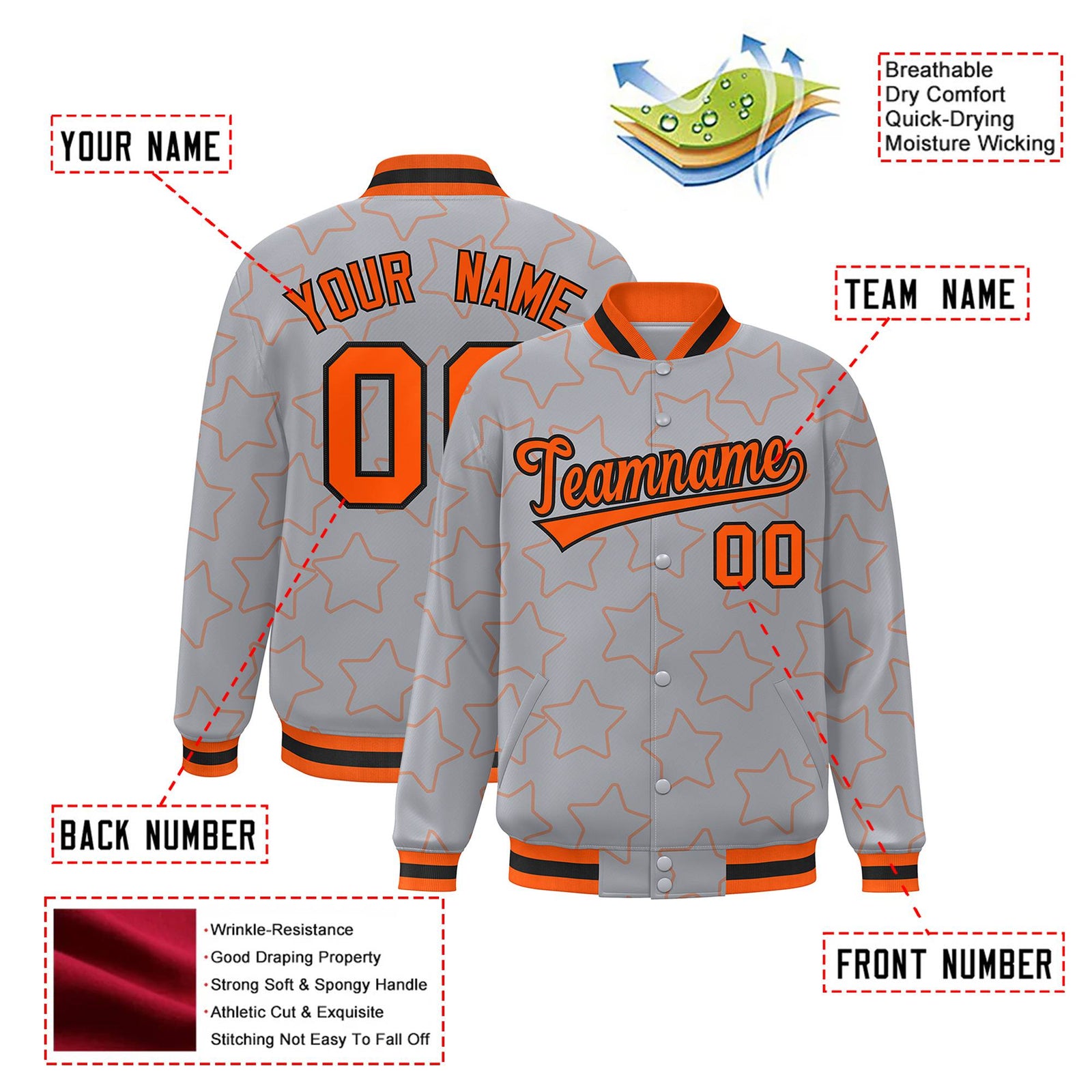 Custom Gray Orange-Black Varsity Full-Snap Star Pattern Letterman Baseball Jacket