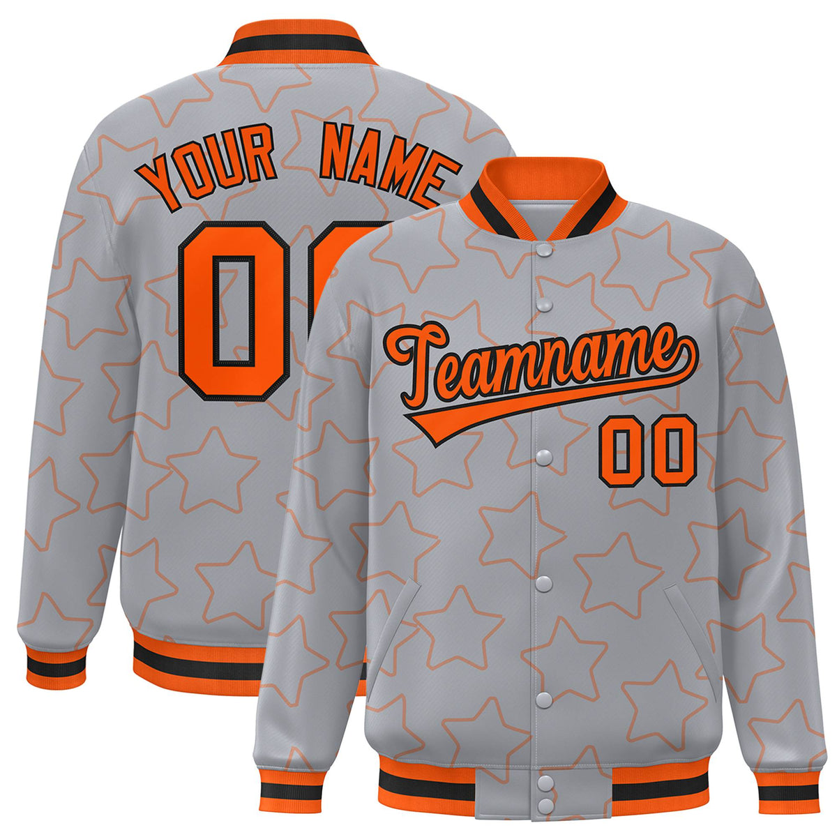 Custom Gray Orange-Black Varsity Full-Snap Star Pattern Letterman Baseball Jacket