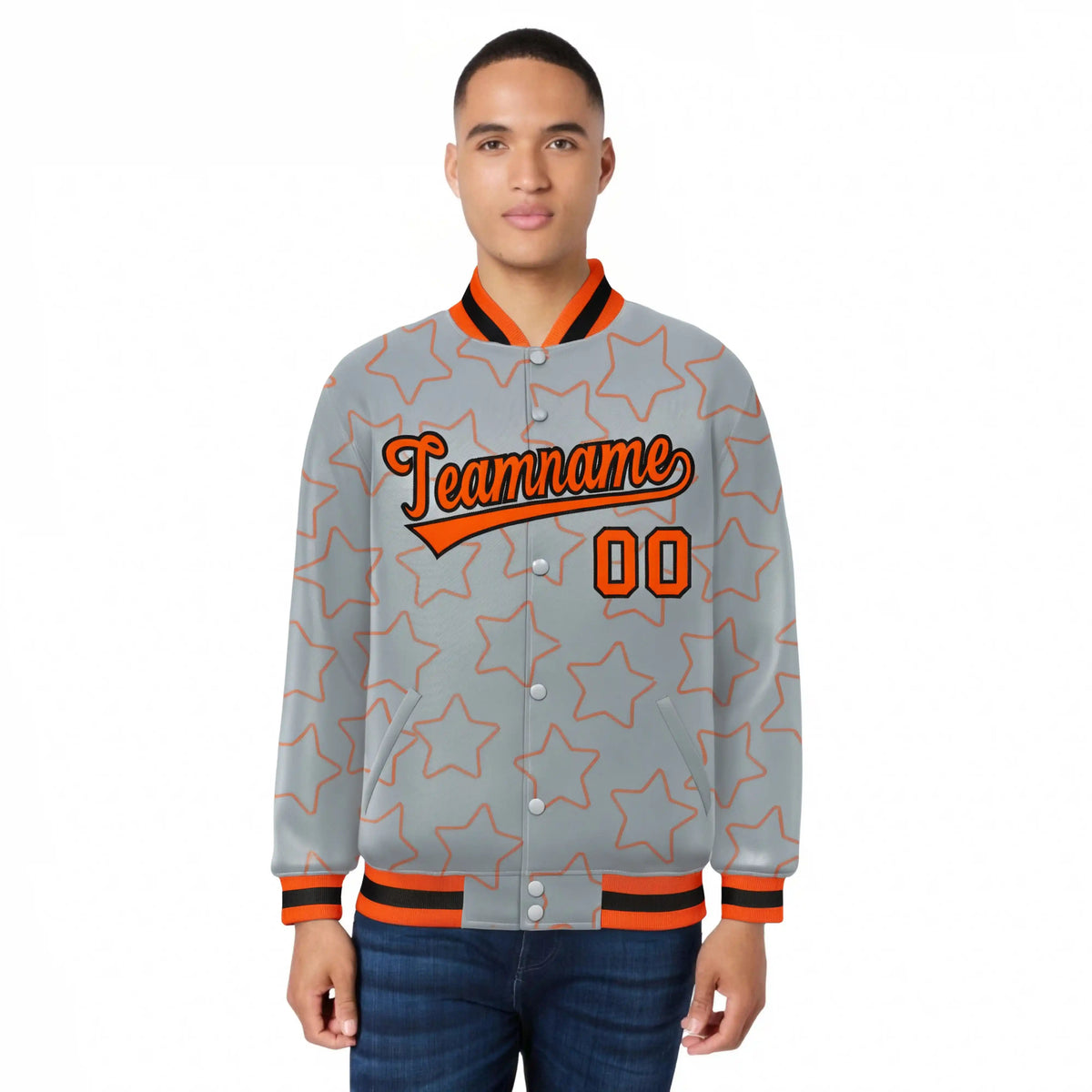 Custom Gray Orange-Black Varsity Full-Snap Star Pattern Letterman Baseball Jacket