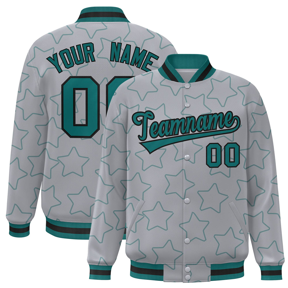 Custom Gray Aqua-Black Varsity Full-Snap Star Pattern Letterman Baseball Jacket