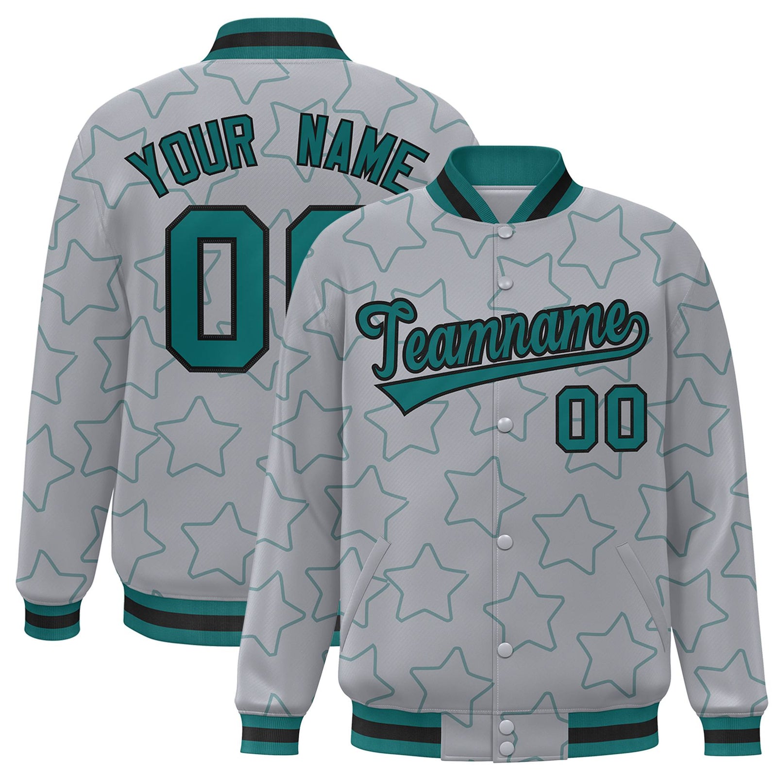 Custom Gray Aqua-Black Varsity Full-Snap Star Pattern Letterman Baseball Jacket