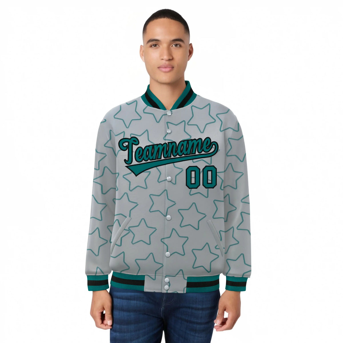 Custom Gray Aqua-Black Varsity Full-Snap Star Pattern Letterman Baseball Jacket