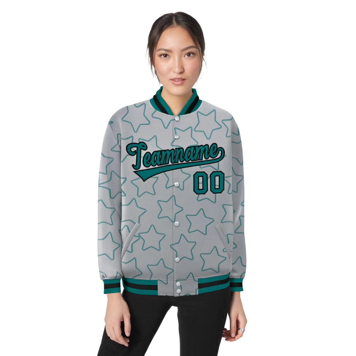 Custom Gray Aqua-Black Varsity Full-Snap Star Pattern Letterman Baseball Jacket