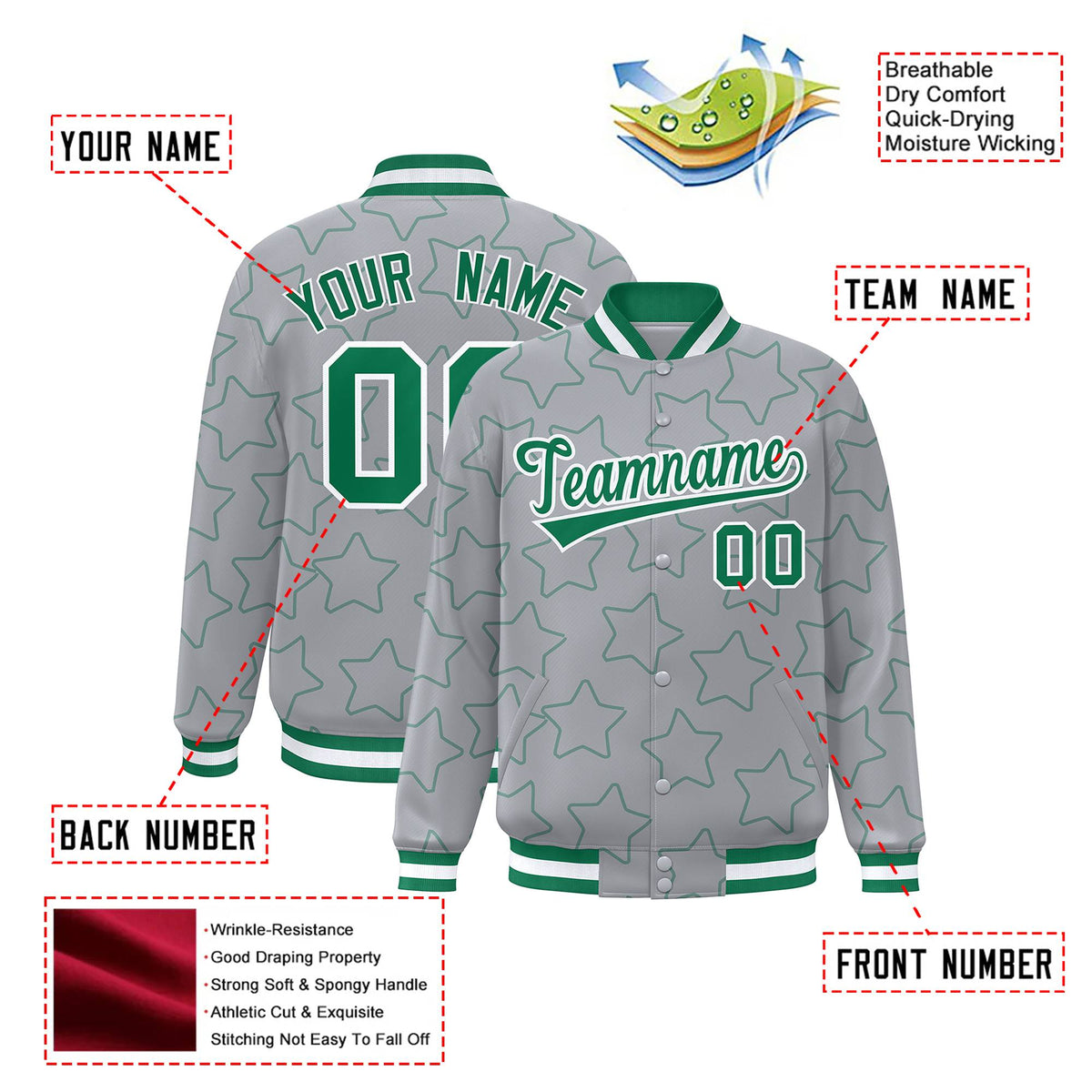 Custom Gray Kelly Green-White Varsity Full-Snap Star Pattern Letterman Baseball Jacket