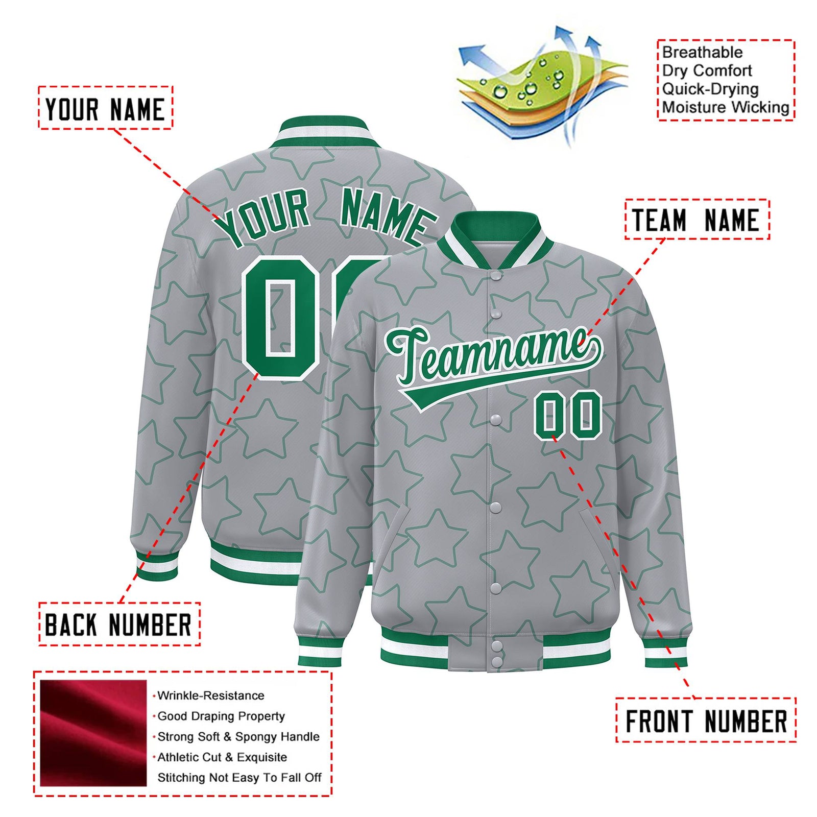 Custom Gray Kelly Green-White Varsity Full-Snap Star Pattern Letterman Baseball Jacket