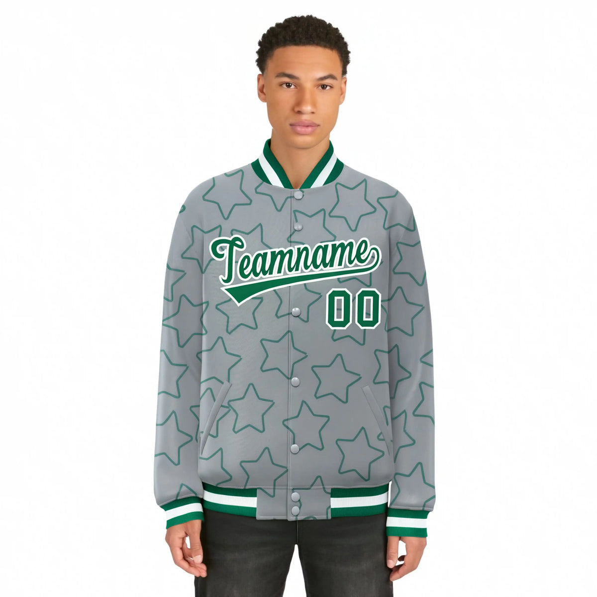 Custom Gray Kelly Green-White Varsity Full-Snap Star Pattern Letterman Baseball Jacket
