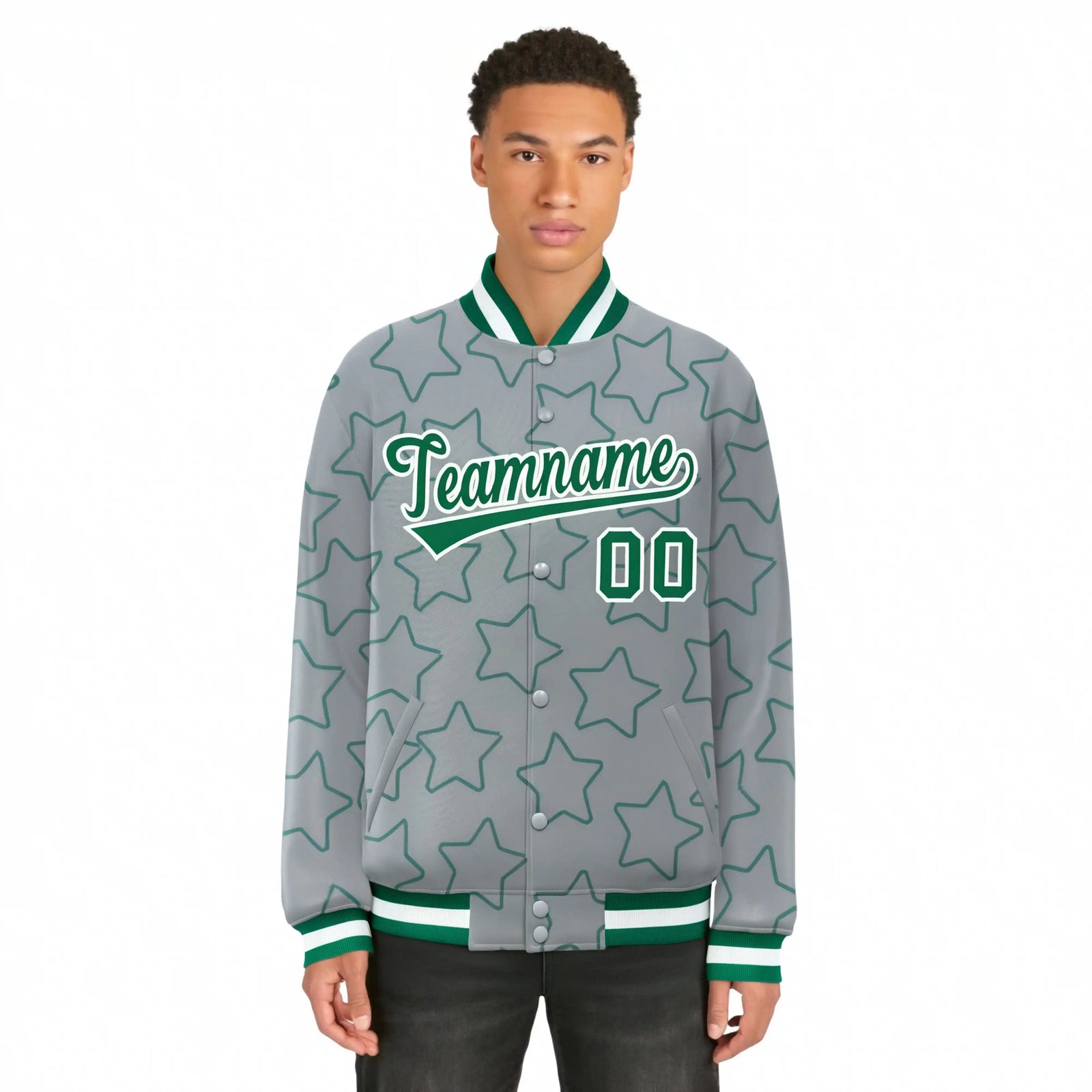 Custom Gray Kelly Green-White Varsity Full-Snap Star Pattern Letterman Baseball Jacket