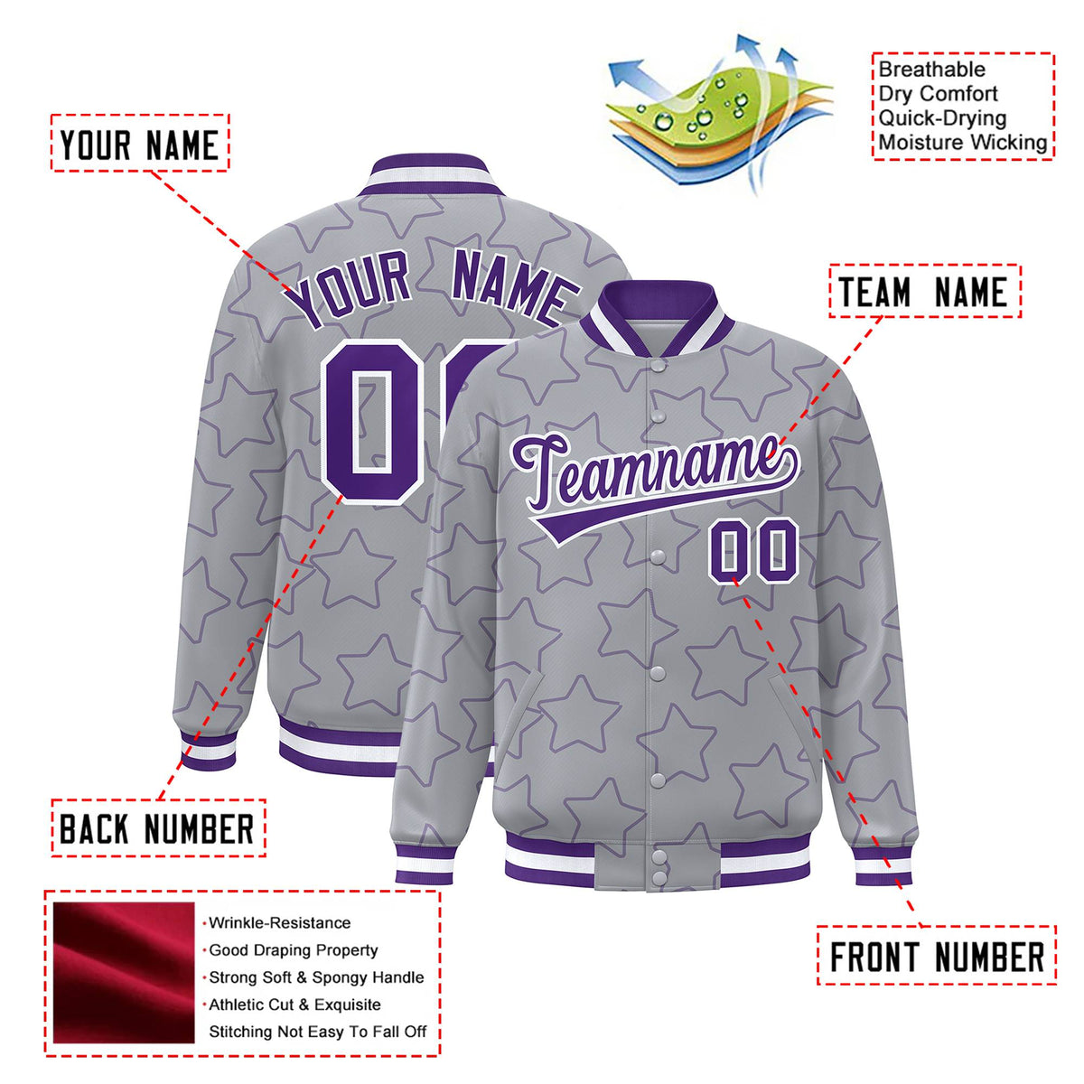 Custom Gray Purple-White Varsity Full-Snap Star Pattern Letterman Baseball Jacket