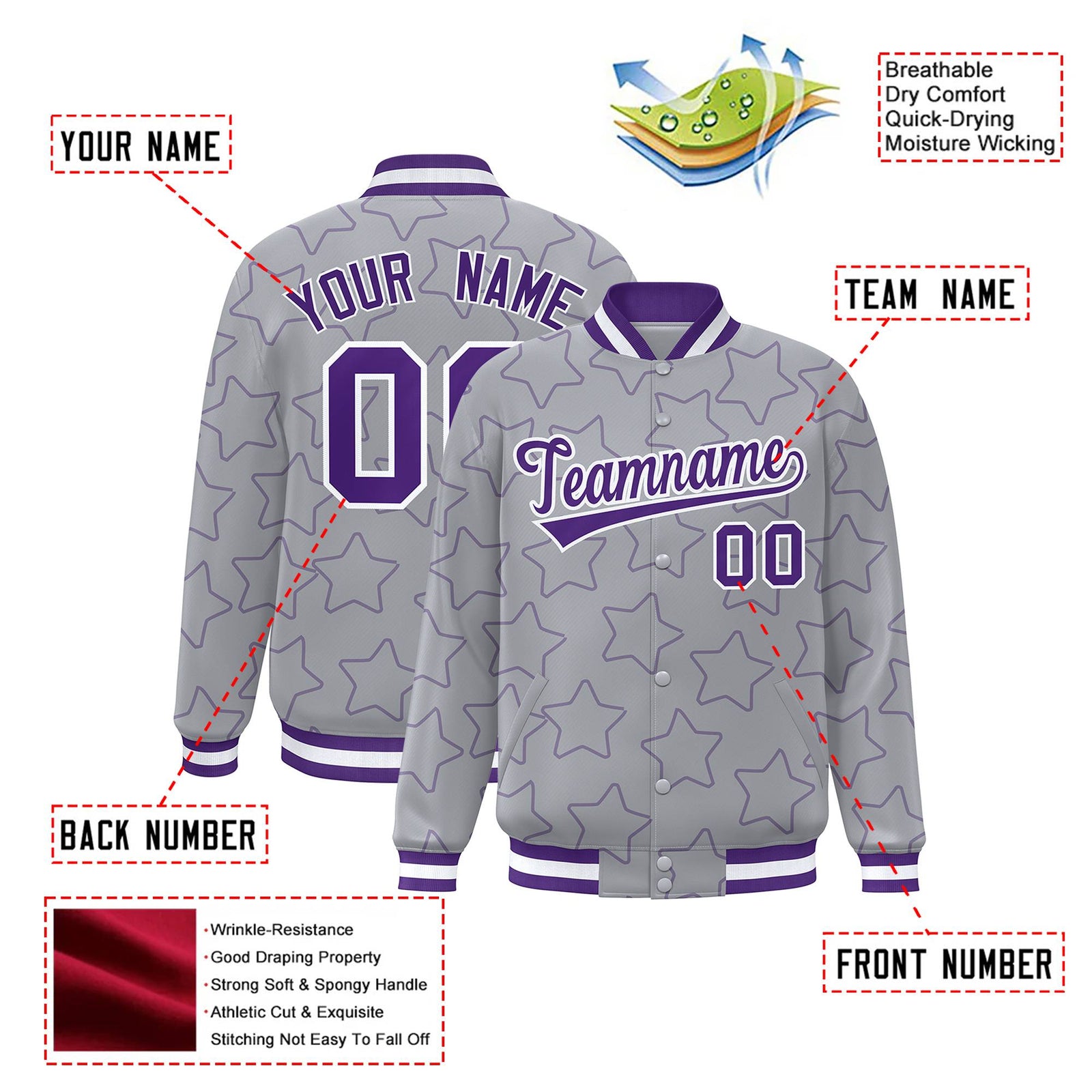 Custom Gray Purple-White Varsity Full-Snap Star Pattern Letterman Baseball Jacket