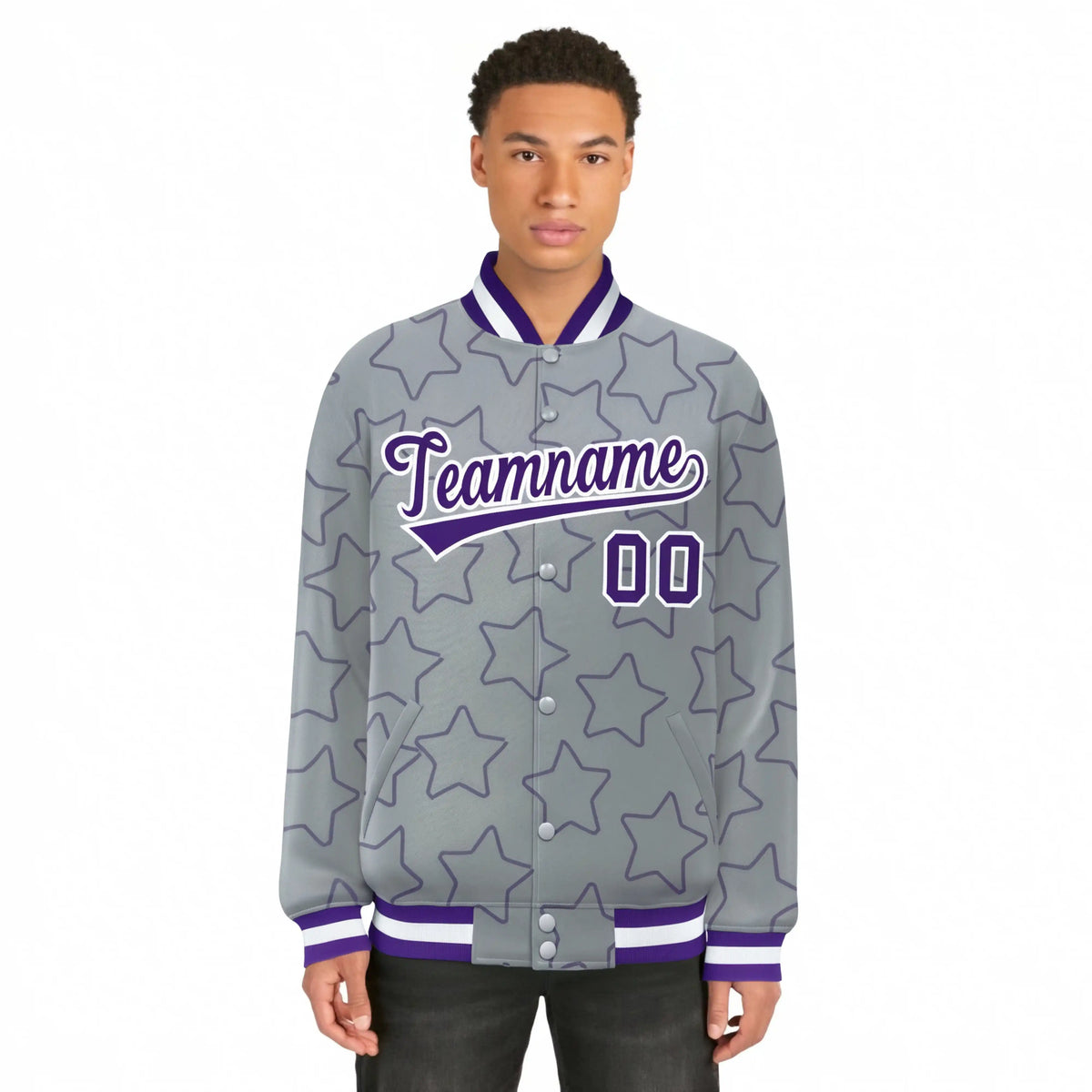 Custom Gray Purple-White Varsity Full-Snap Star Pattern Letterman Baseball Jacket