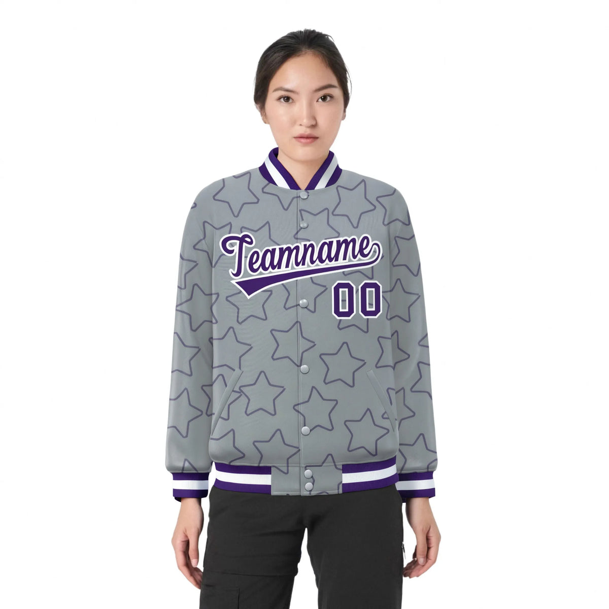 Custom Gray Purple-White Varsity Full-Snap Star Pattern Letterman Baseball Jacket