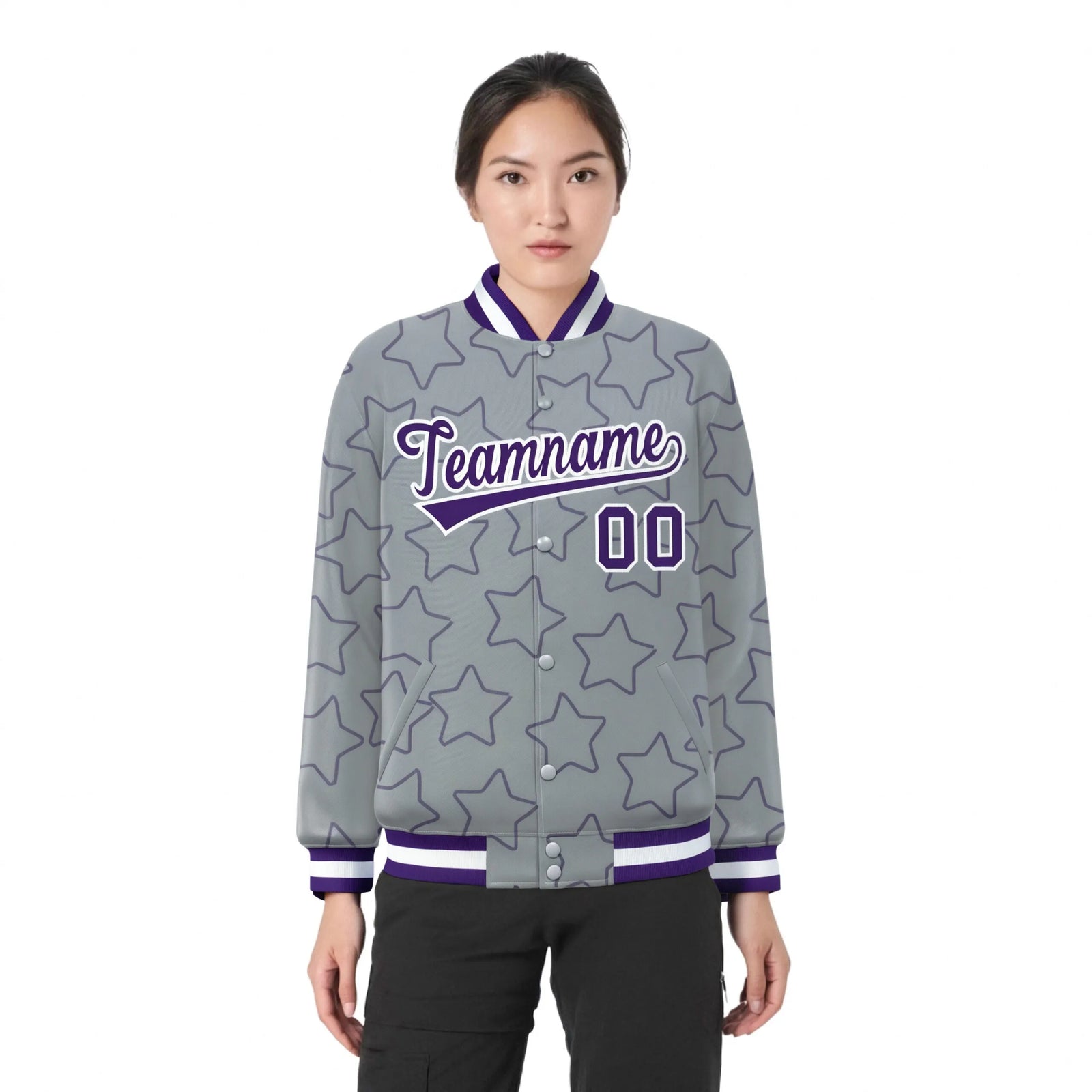 Custom Gray Purple-White Varsity Full-Snap Star Pattern Letterman Baseball Jacket