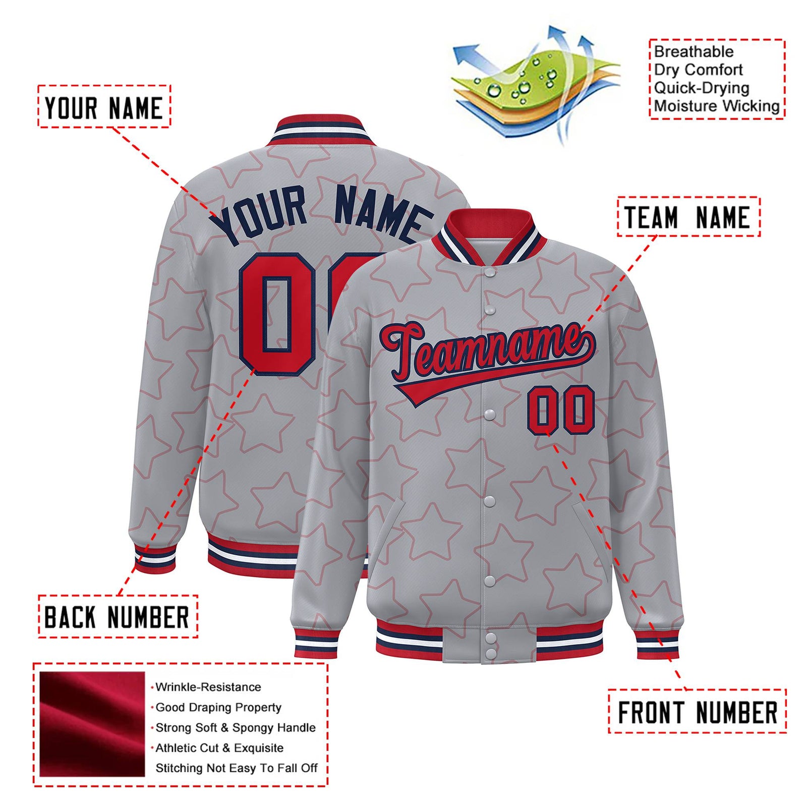 Custom Gray Red-Navy Varsity Full-Snap Star Pattern Letterman Baseball Jacket