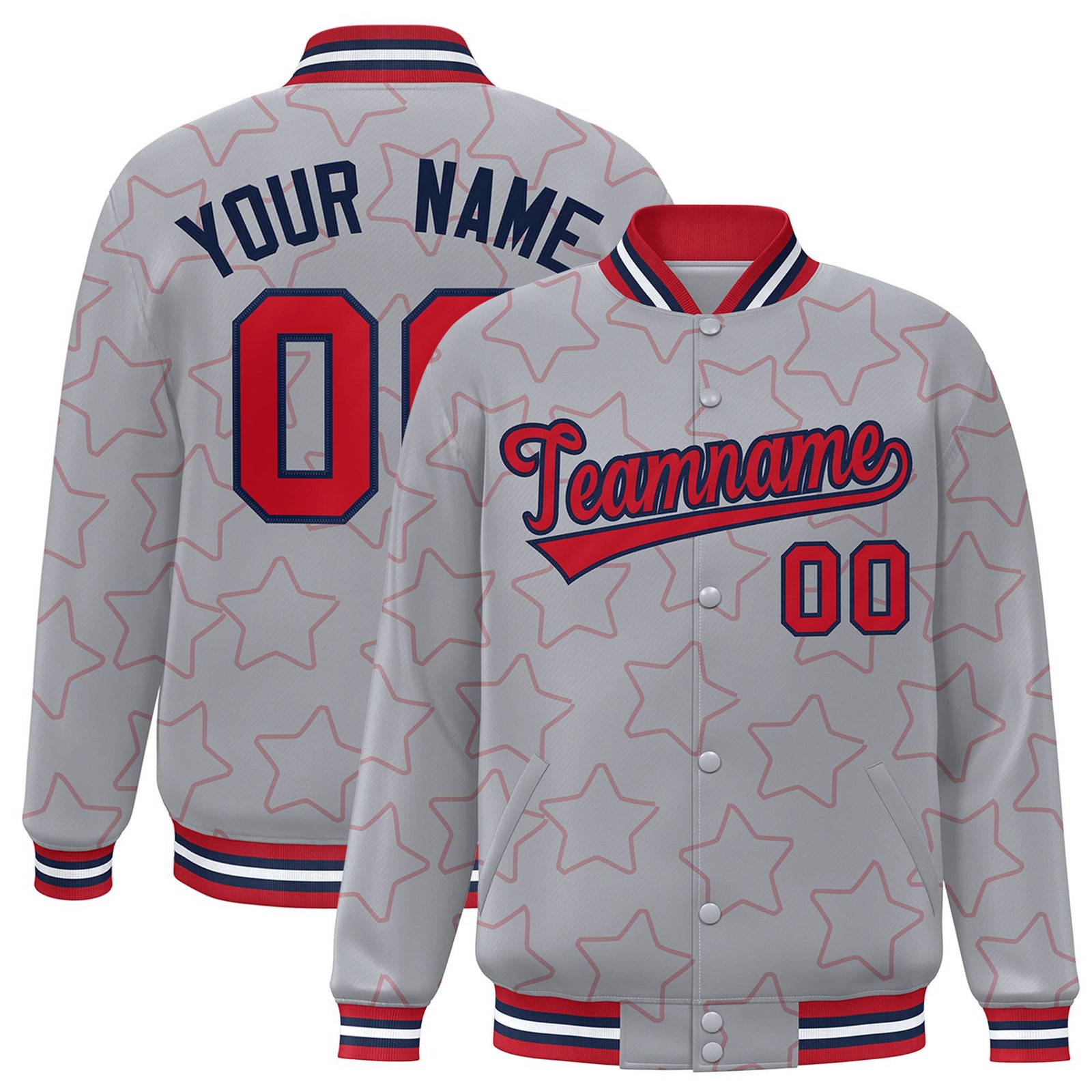 Custom Gray Red-Navy Varsity Full-Snap Star Pattern Letterman Baseball Jacket