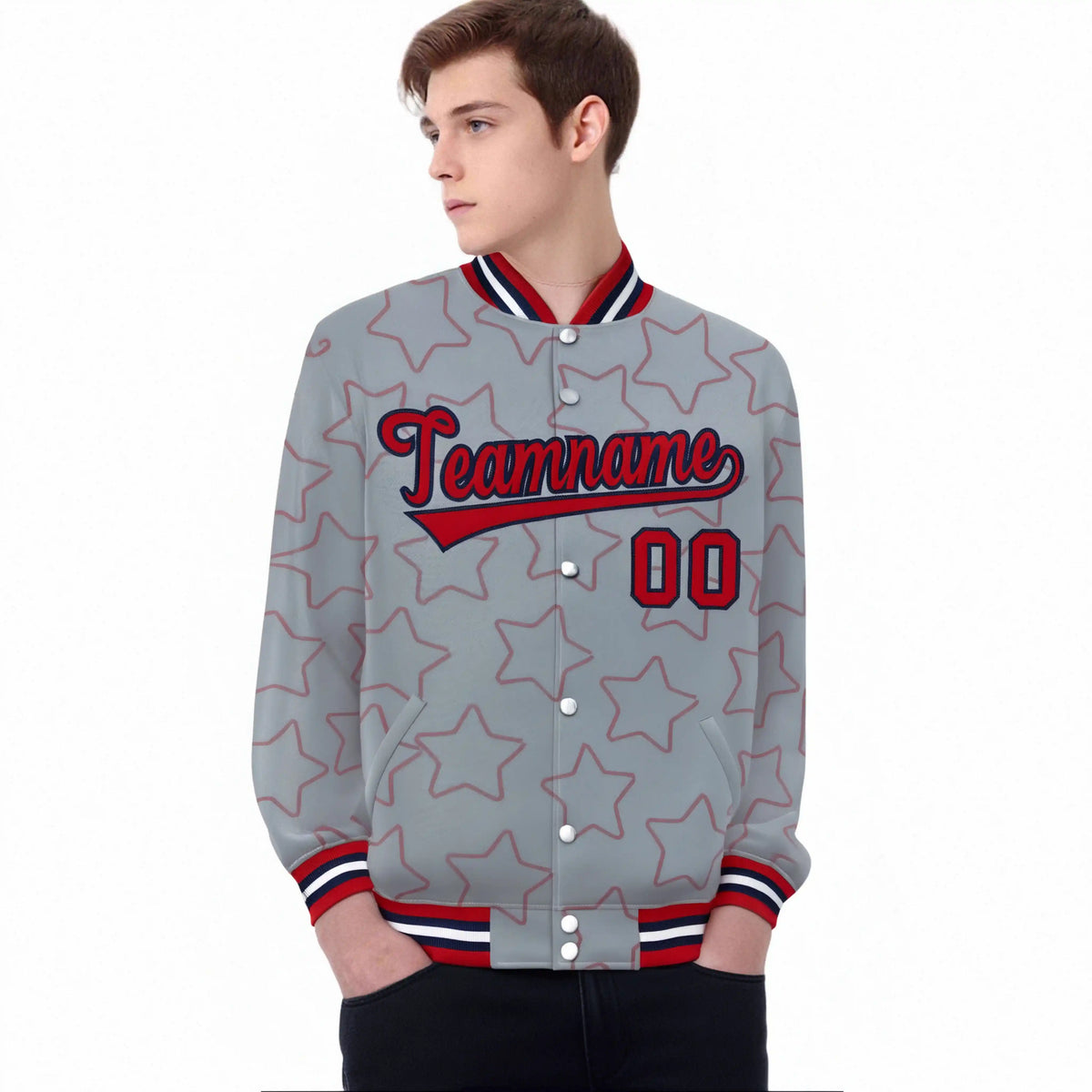 Custom Gray Red-Navy Varsity Full-Snap Star Pattern Letterman Baseball Jacket