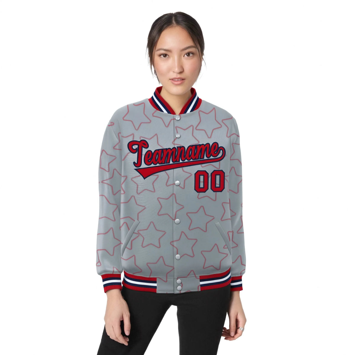 Custom Gray Red-Navy Varsity Full-Snap Star Pattern Letterman Baseball Jacket
