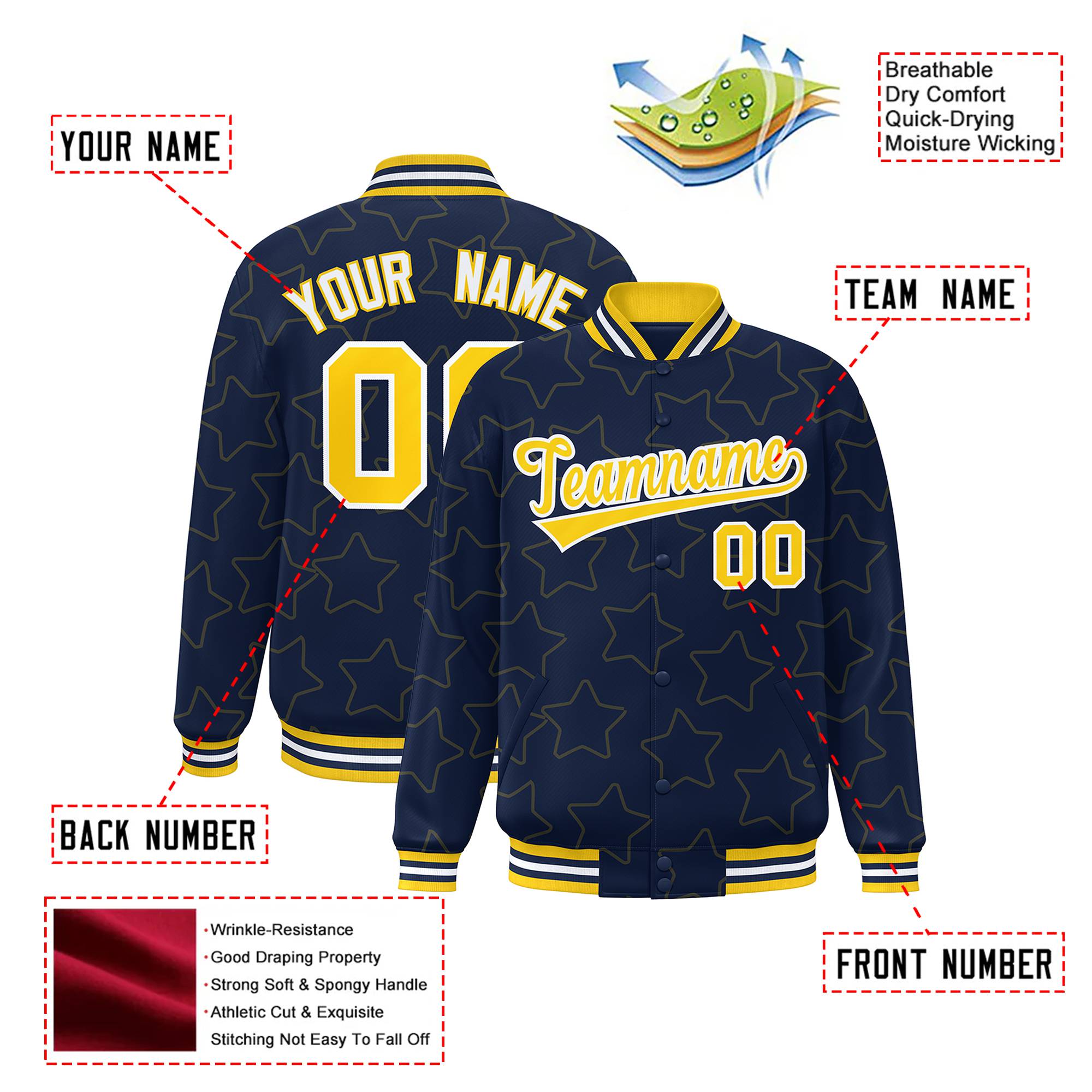 Custom Navy Gold-White Varsity Full-Snap Star Pattern Letterman Baseball Jacket