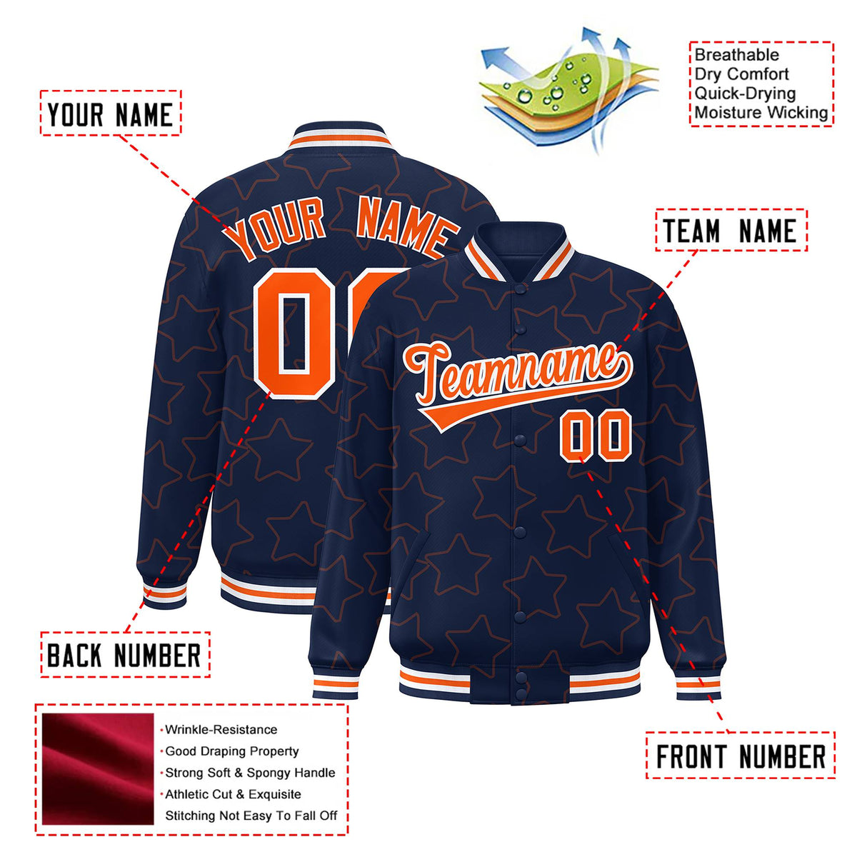 Custom Navy Orange-White Varsity Full-Snap Star Pattern Letterman Baseball Jacket