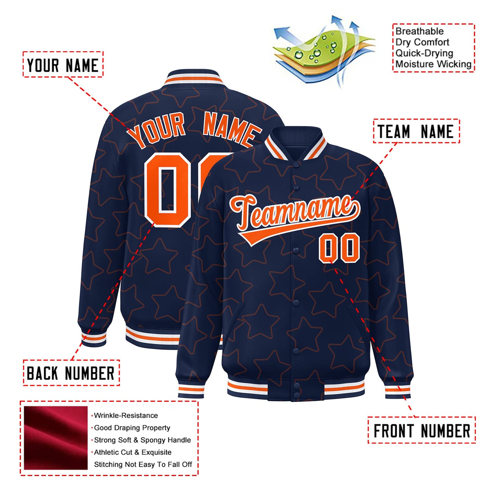 Custom Navy Orange-White Varsity Full-Snap Star Pattern Letterman Baseball Jacket