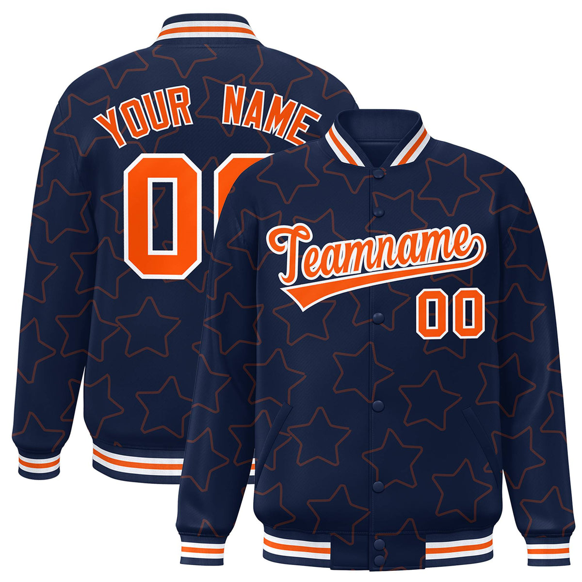 Custom Navy Orange-White Varsity Full-Snap Star Pattern Letterman Baseball Jacket