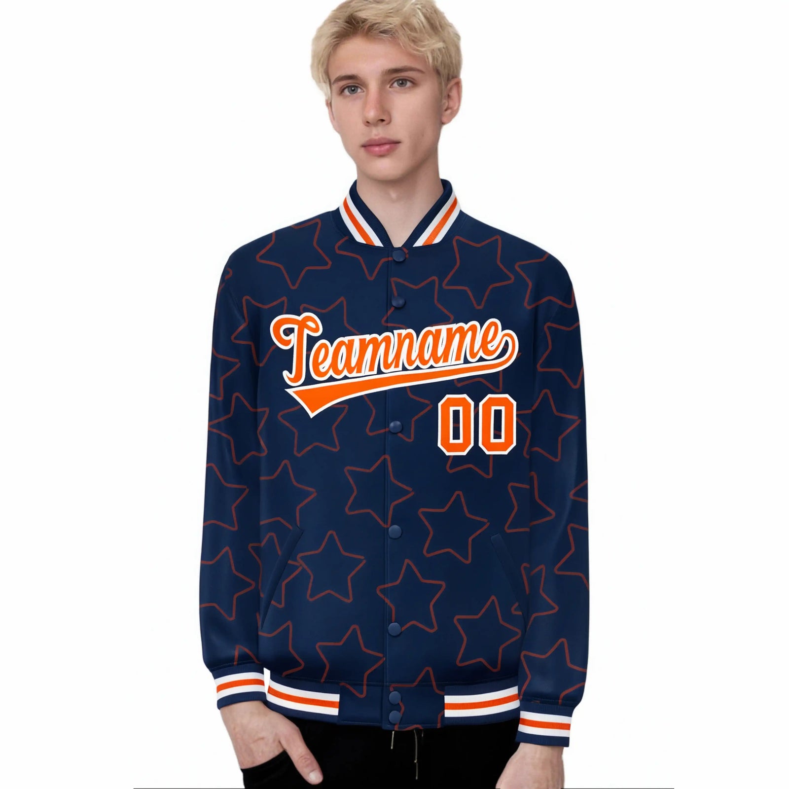 Custom Navy Orange-White Varsity Full-Snap Star Pattern Letterman Baseball Jacket