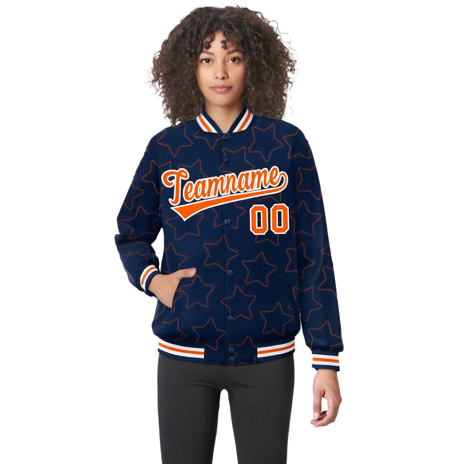 Custom Navy Orange-White Varsity Full-Snap Star Pattern Letterman Baseball Jacket