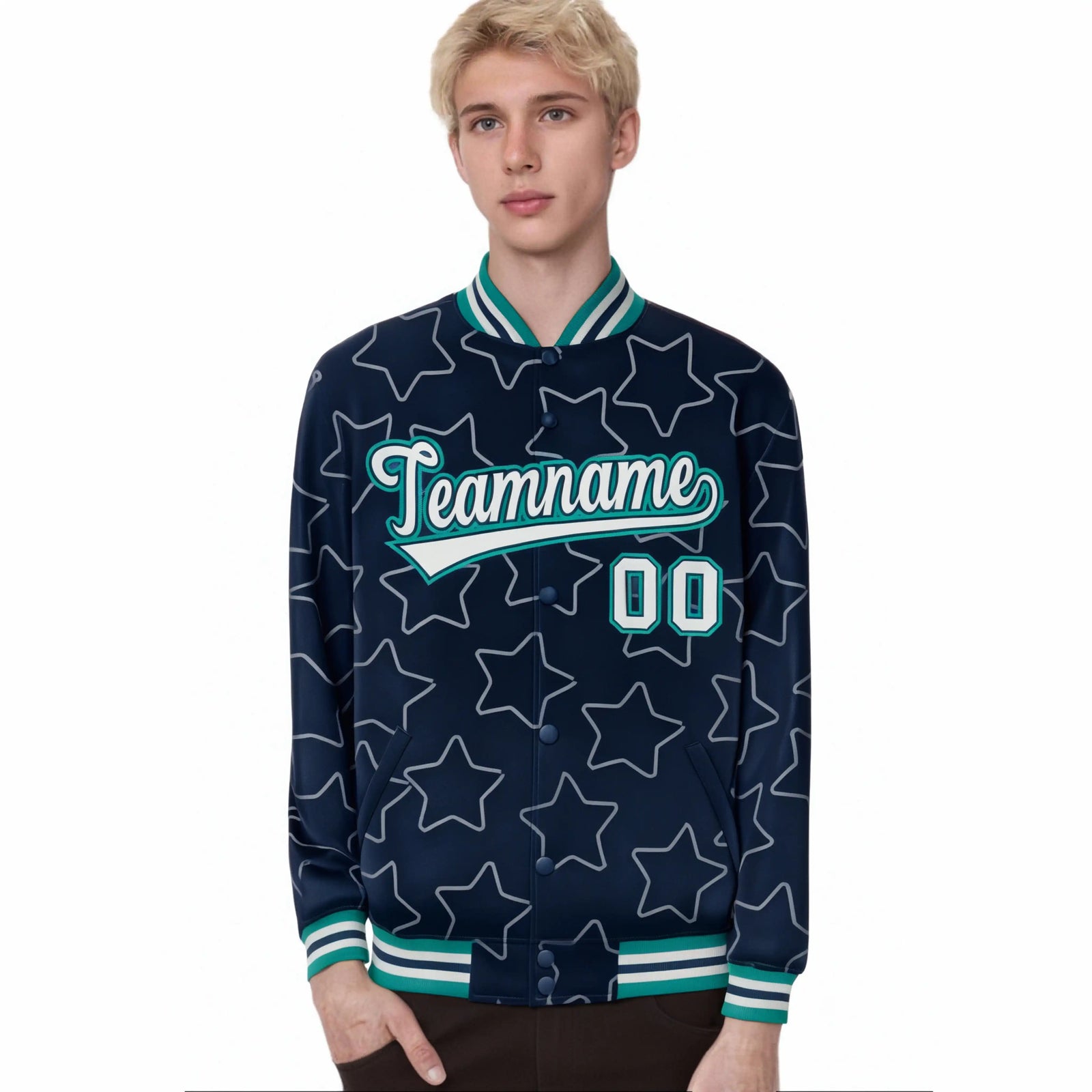 Custom Navy Gray-Teal Varsity Full-Snap Star Pattern Letterman Baseball Jacket