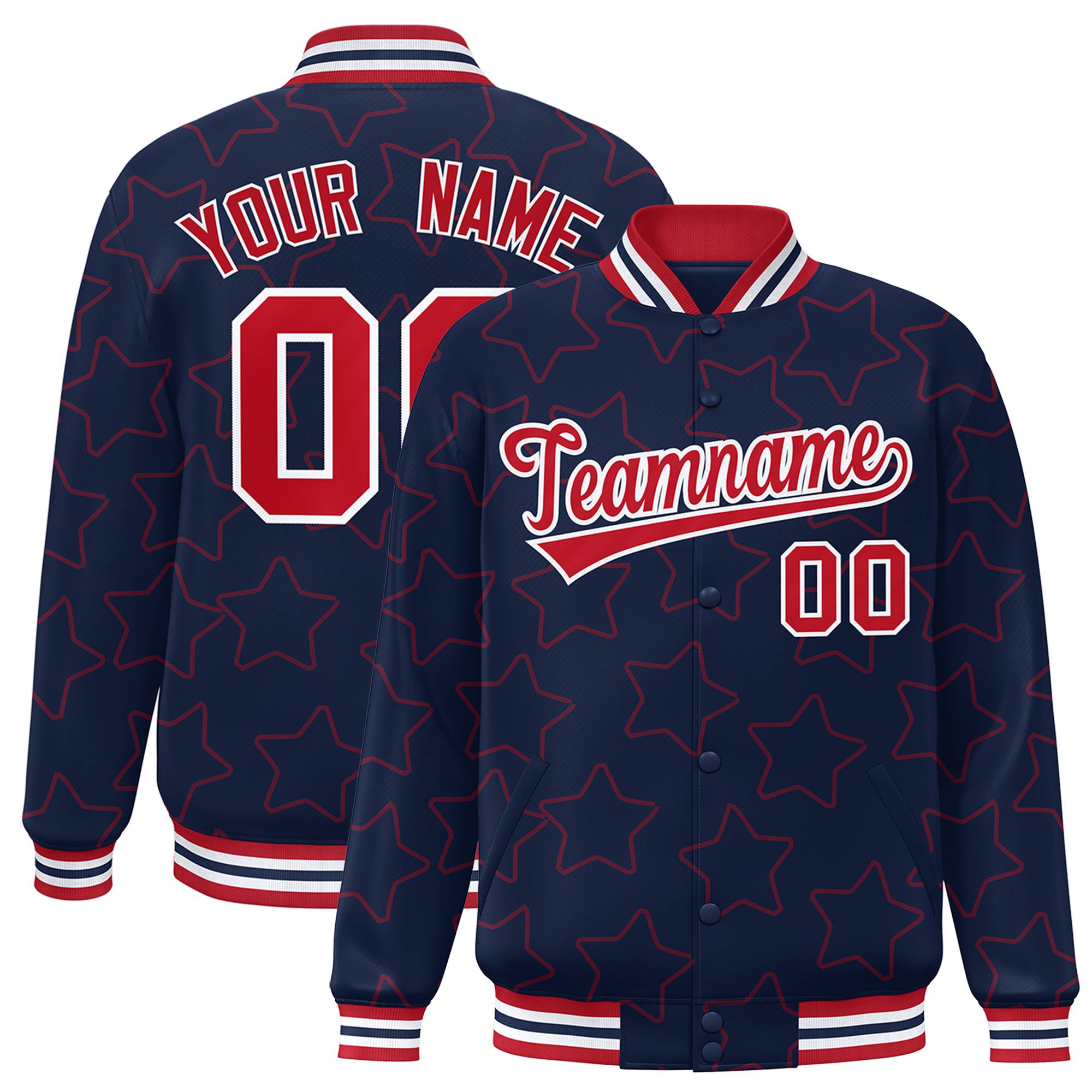 Custom Navy Red-White Varsity Full-Snap Star Pattern Letterman Baseball Jacket