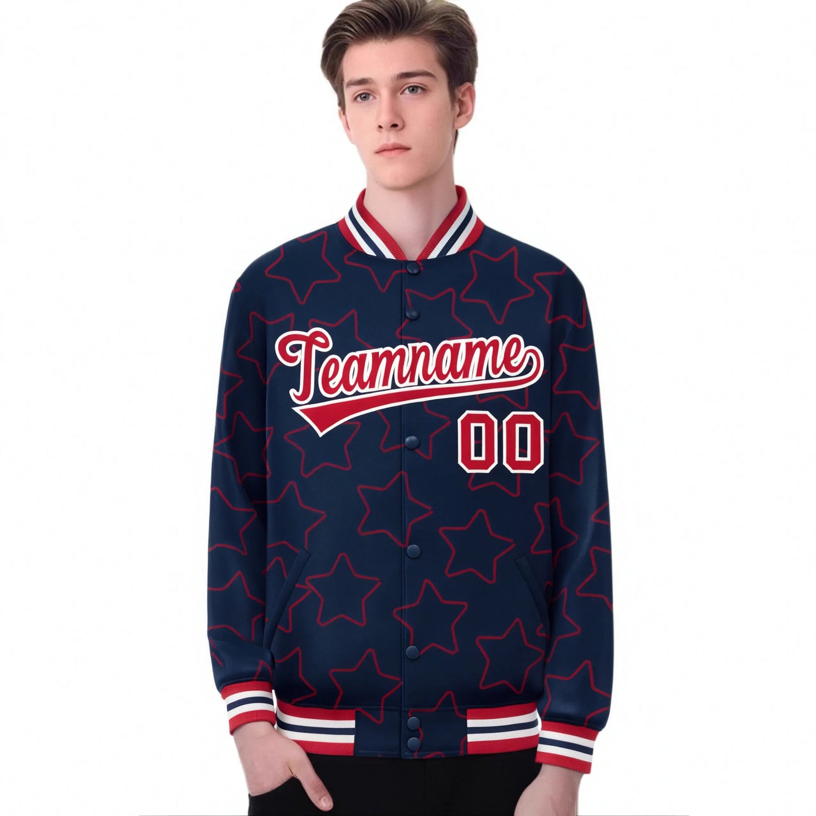 Custom Navy Red-White Varsity Full-Snap Star Pattern Letterman Baseball Jacket