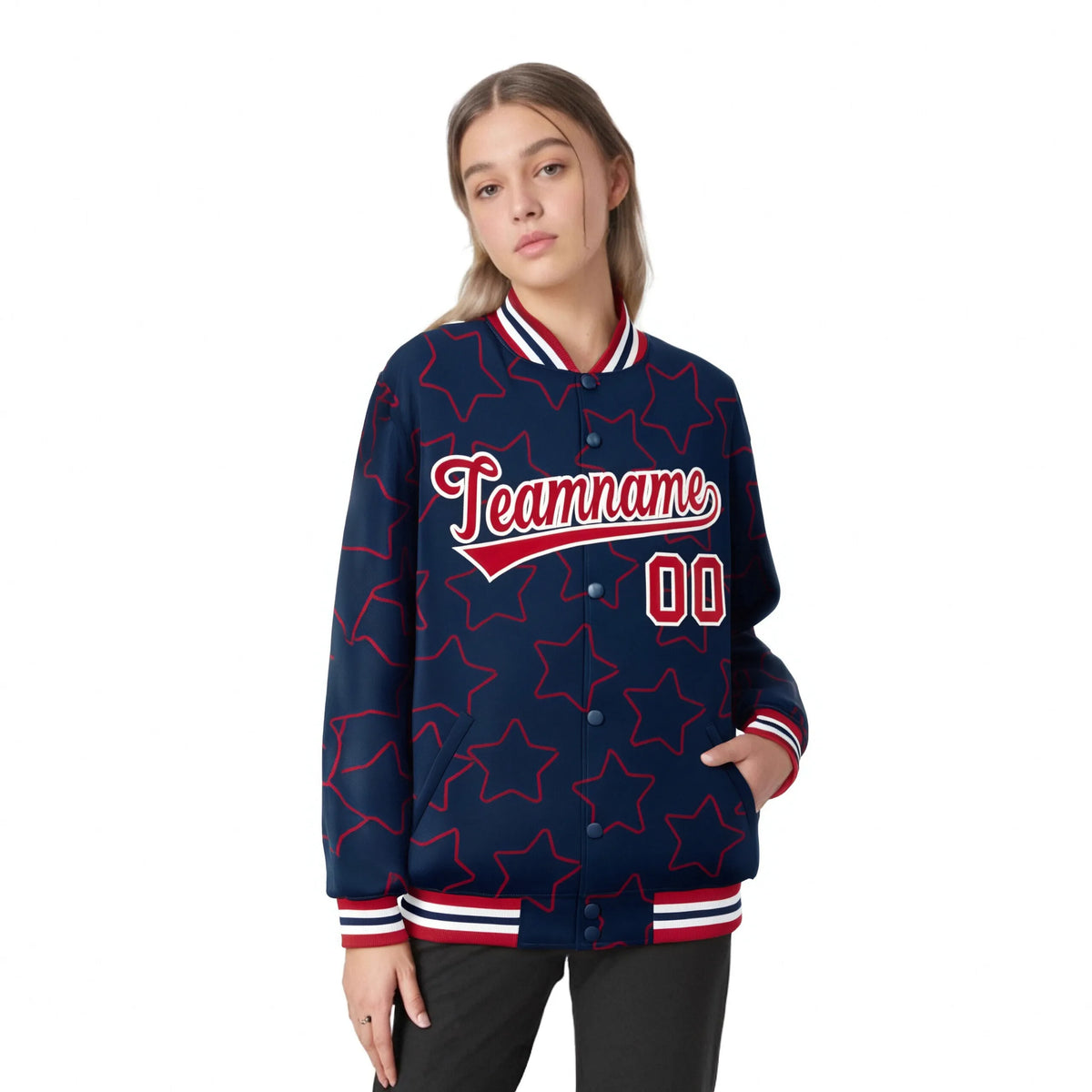 Custom Navy Red-White Varsity Full-Snap Star Pattern Letterman Baseball Jacket