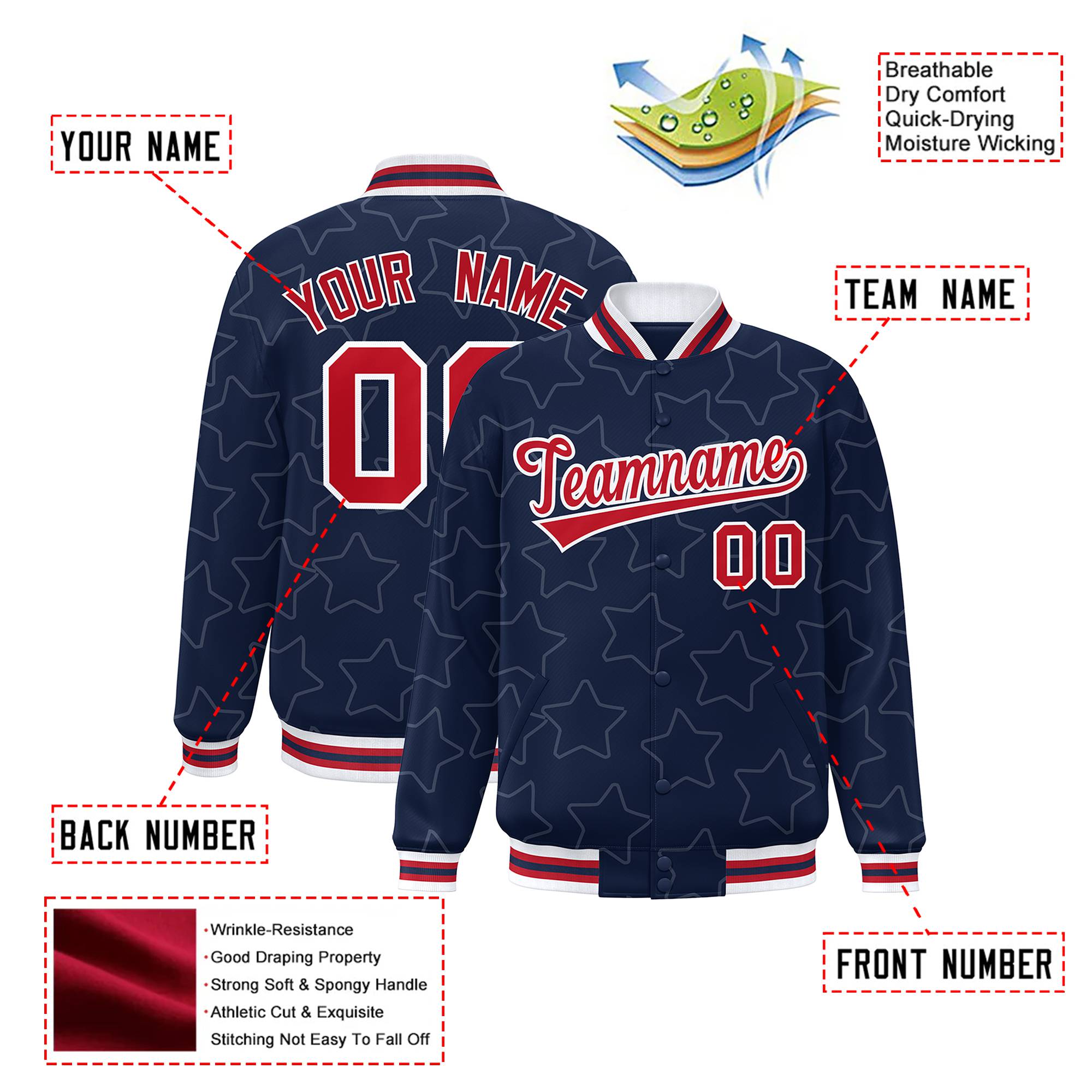 Custom Navy Red-White Varsity Full-Snap Star Pattern Letterman Baseball Jacket