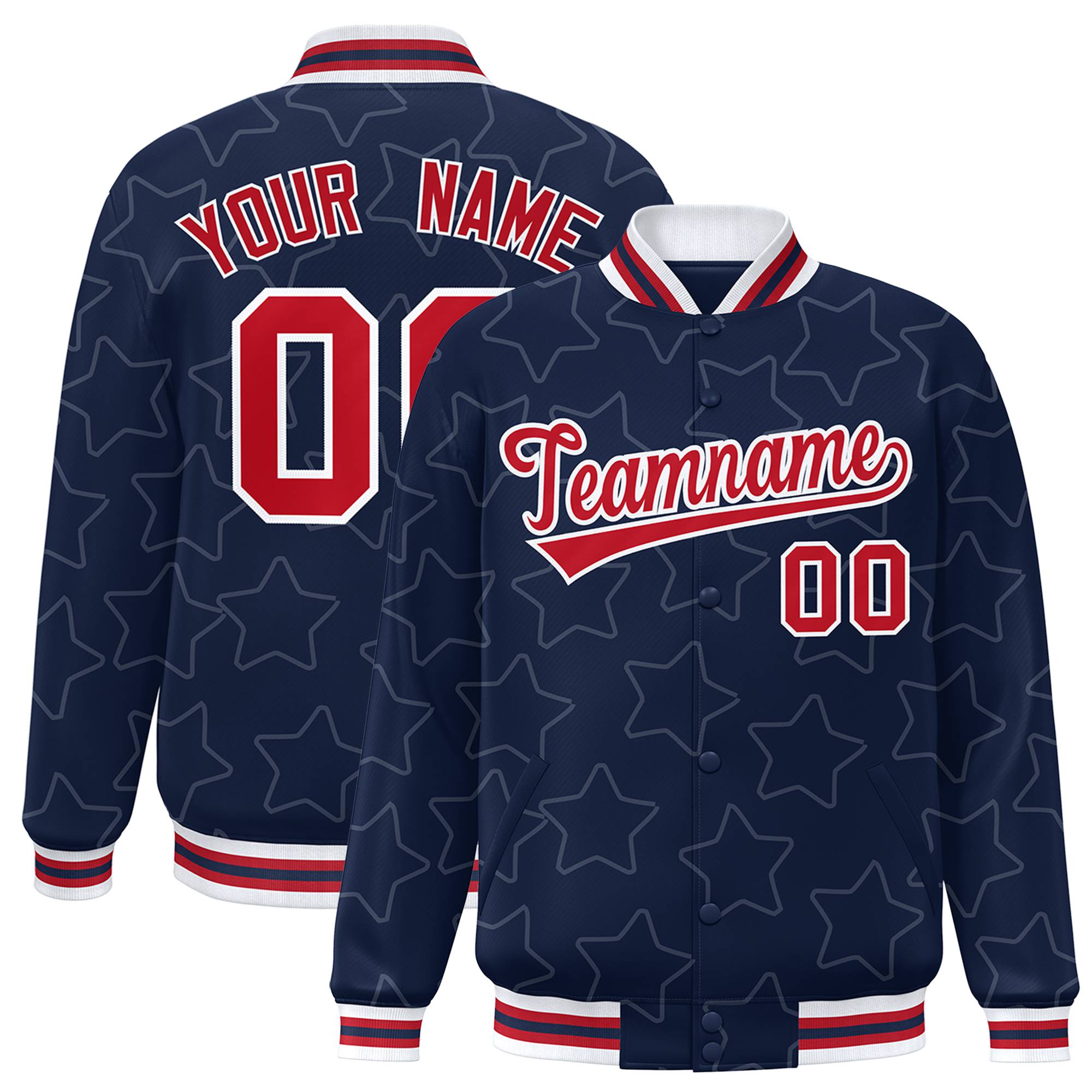 Custom Navy Red-White Varsity Full-Snap Star Pattern Letterman Baseball Jacket