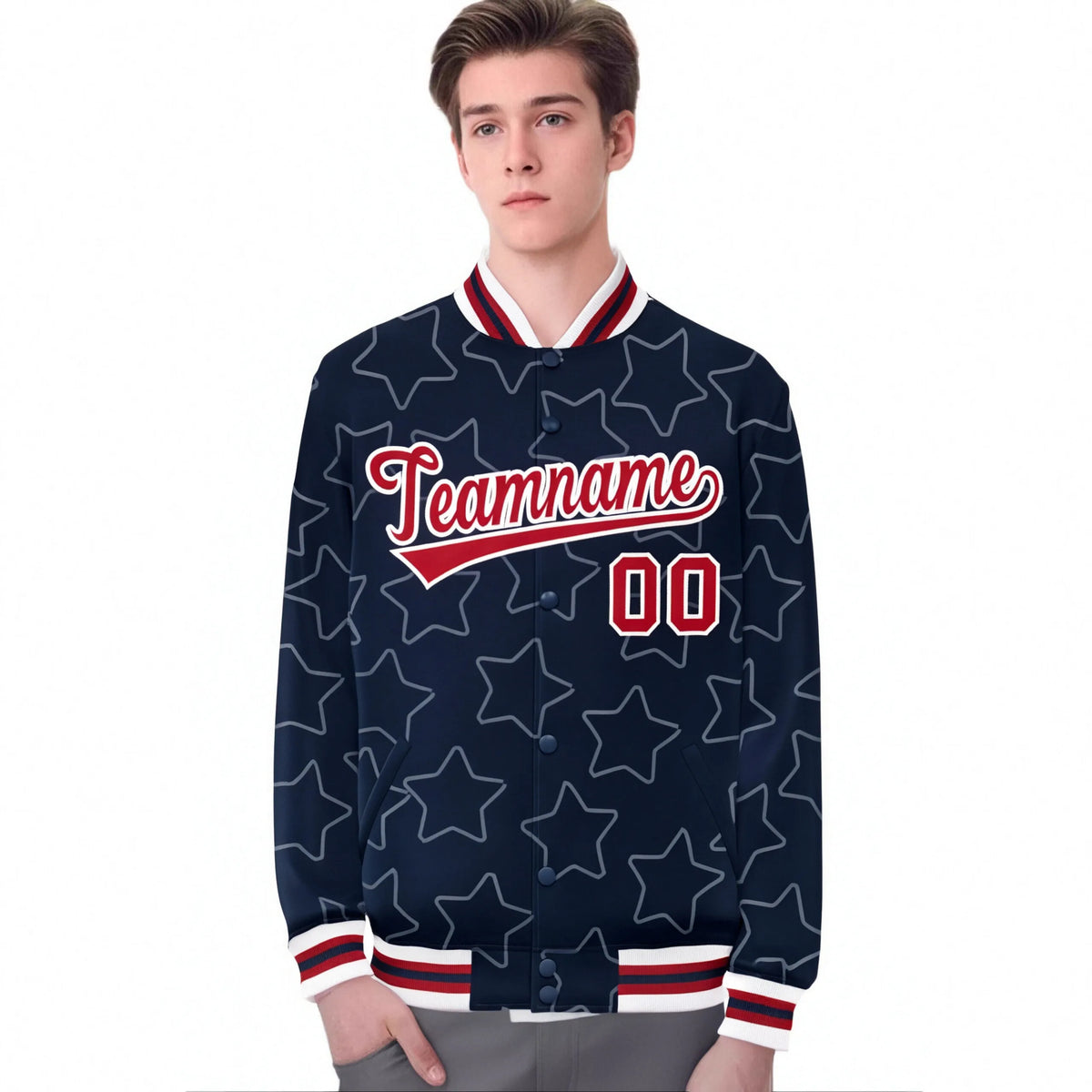 Custom Navy Red-White Varsity Full-Snap Star Pattern Letterman Baseball Jacket